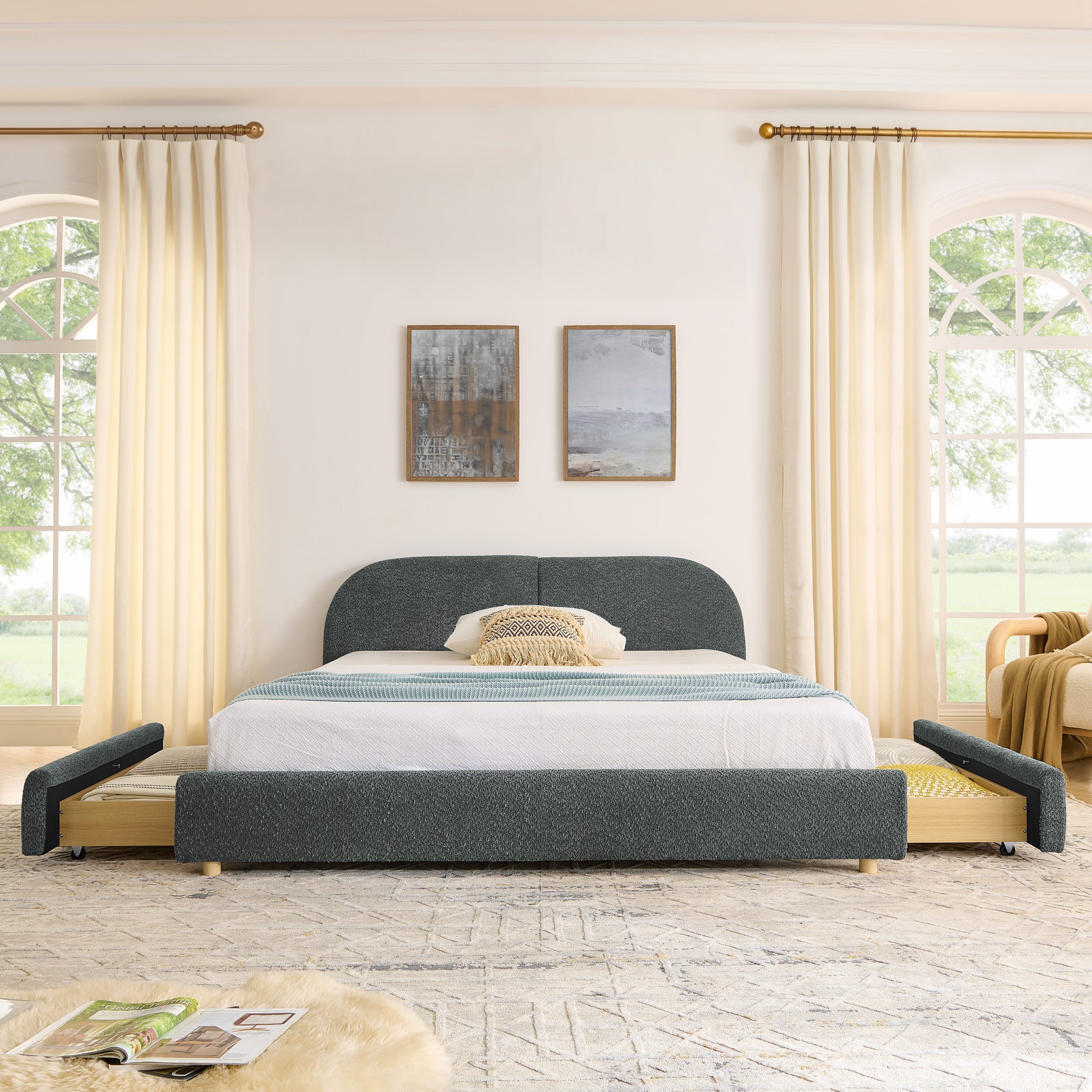 Queen Size Upholstered Bed Frame Modern Minimalist Style - Circle Yarn Fabric, Tall Curved Headboard, Sturdy Leg Support & Wheeled Drawer Storage, Mattress Not Included -Dark Gray - Image 4