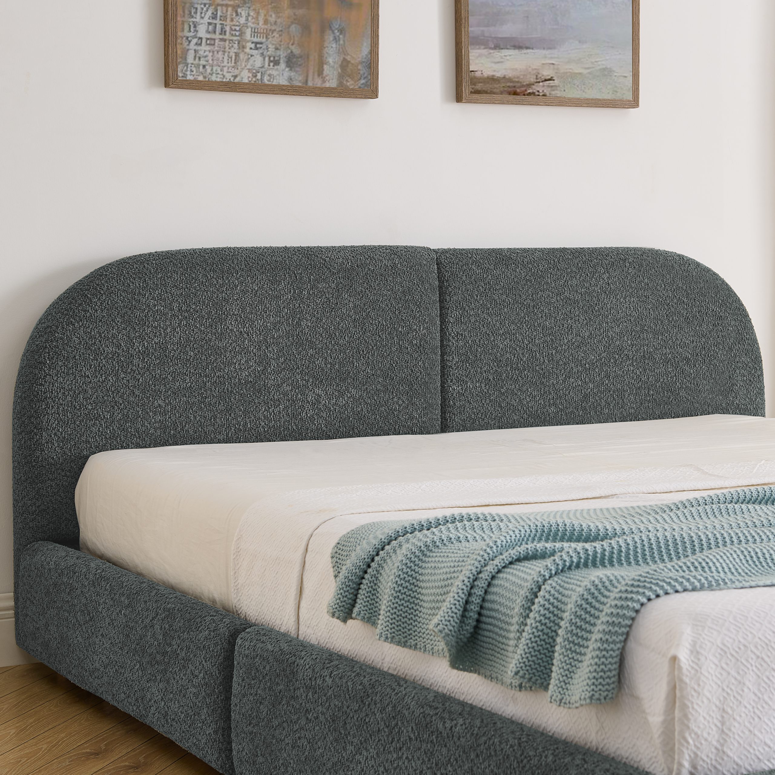 Queen Size Upholstered Bed Frame Modern Minimalist Style - Circle Yarn Fabric, Tall Curved Headboard, Sturdy Leg Support & Wheeled Drawer Storage, Mattress Not Included -Dark Gray - Image 5