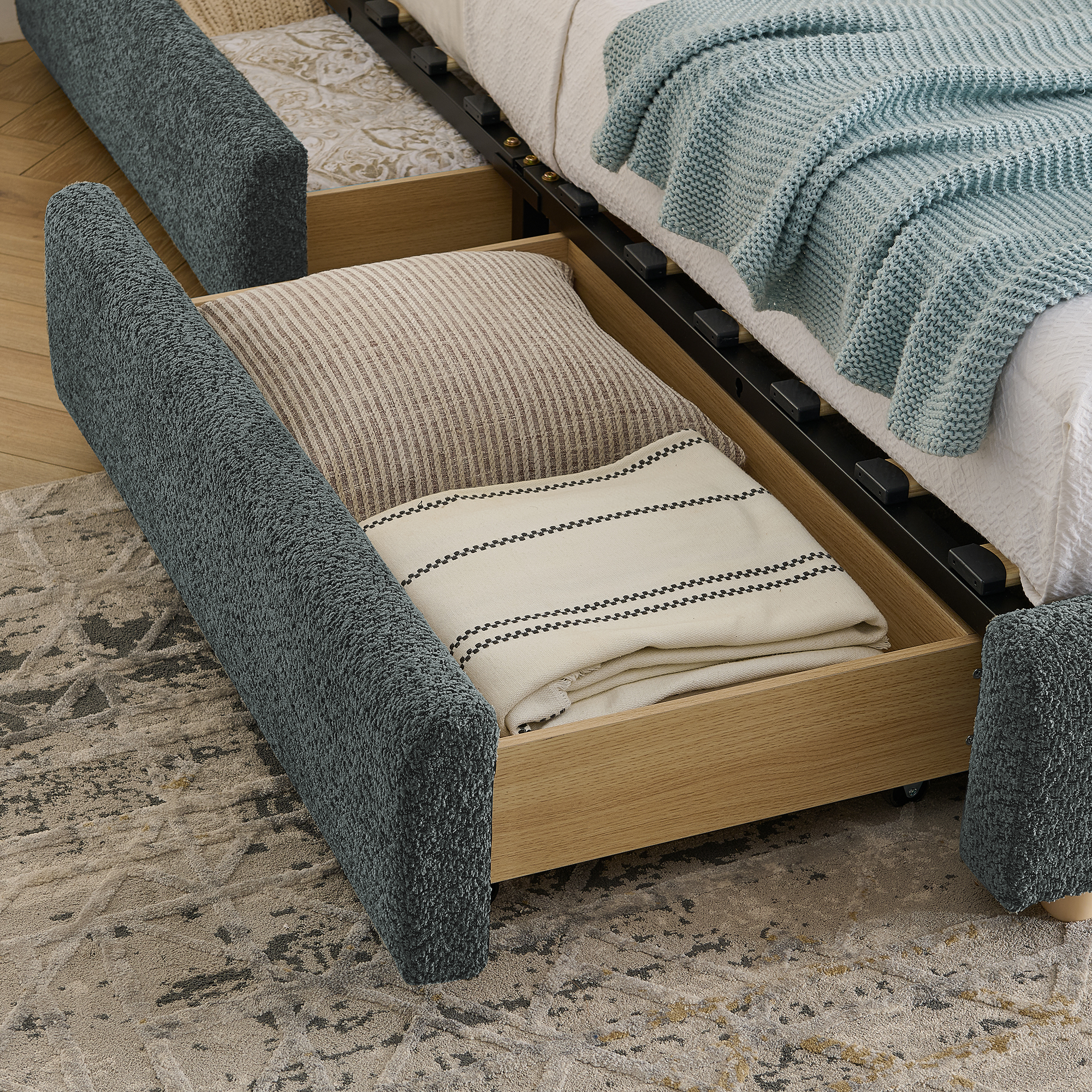 King Size Upholstered Bed Frame Modern Minimalist Style - Circle Yarn Fabric, Tall Curved Headboard, Sturdy Leg Support & Wheeled Drawer Storage, Mattress Not Included - Dark Gray - Image 6