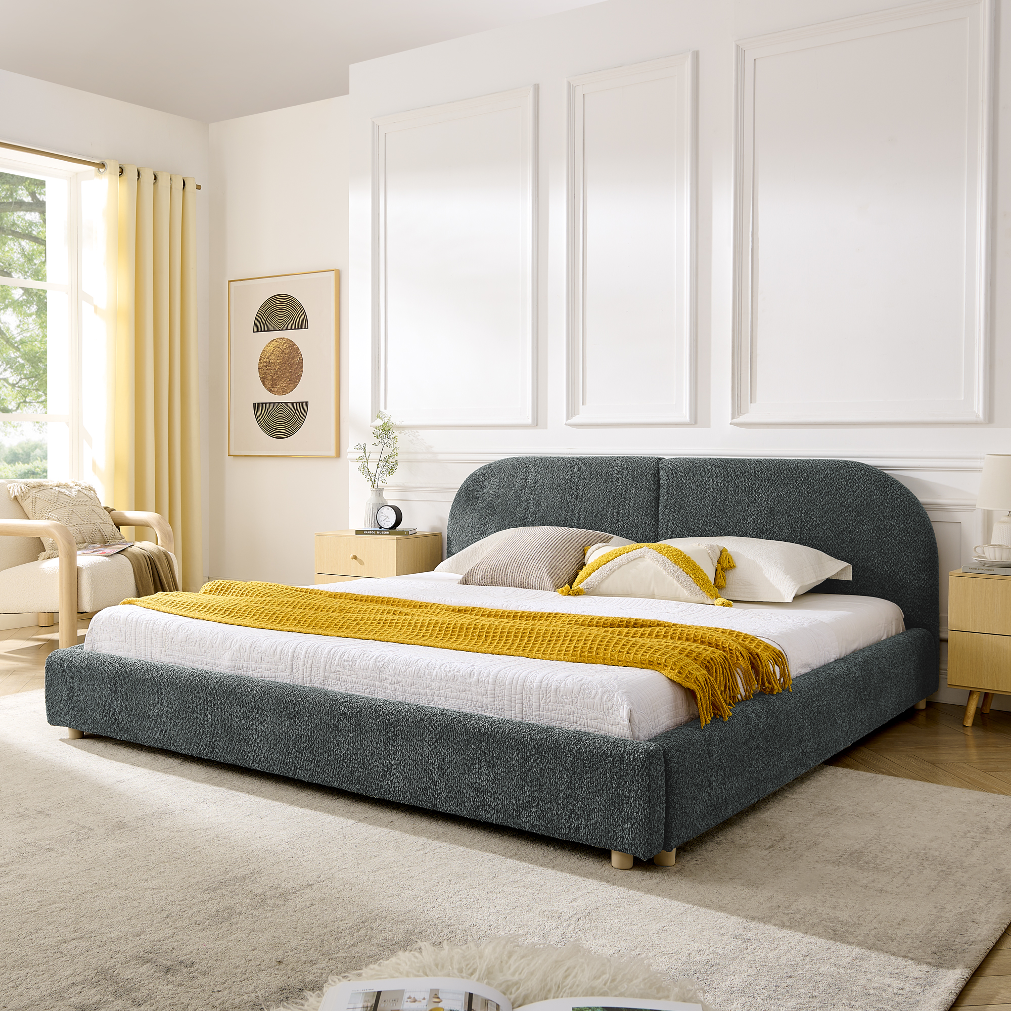 King Size Upholstered Bed Frame, Modern Minimalist Style with Tall Curved Headboard, Premium Circle Yarn Fabric & Sturdy Leg Support, Mattress Not Included-Dark Gray - Image 1