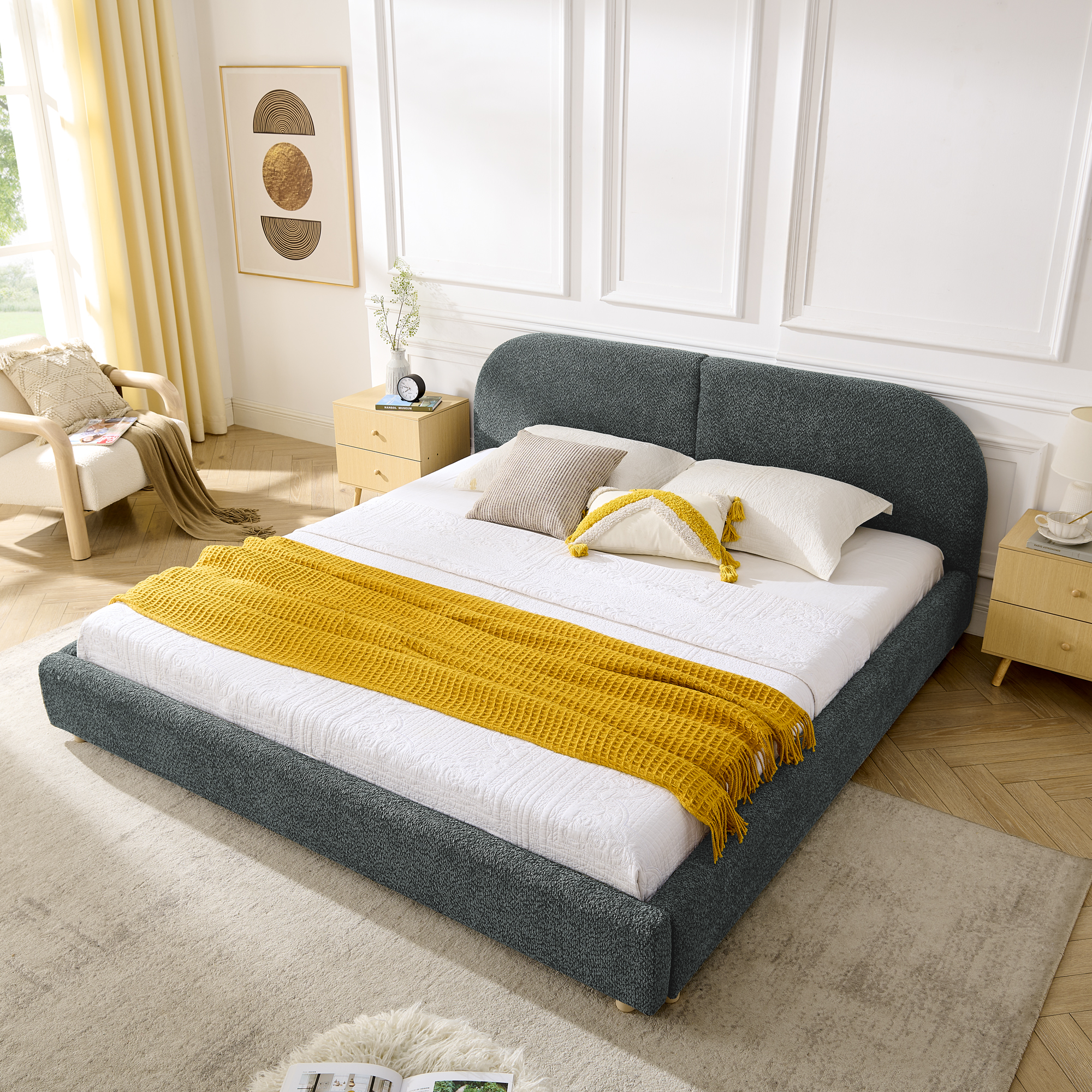 King Size Upholstered Bed Frame, Modern Minimalist Style with Tall Curved Headboard, Premium Circle Yarn Fabric & Sturdy Leg Support, Mattress Not Included-Dark Gray - Image 2