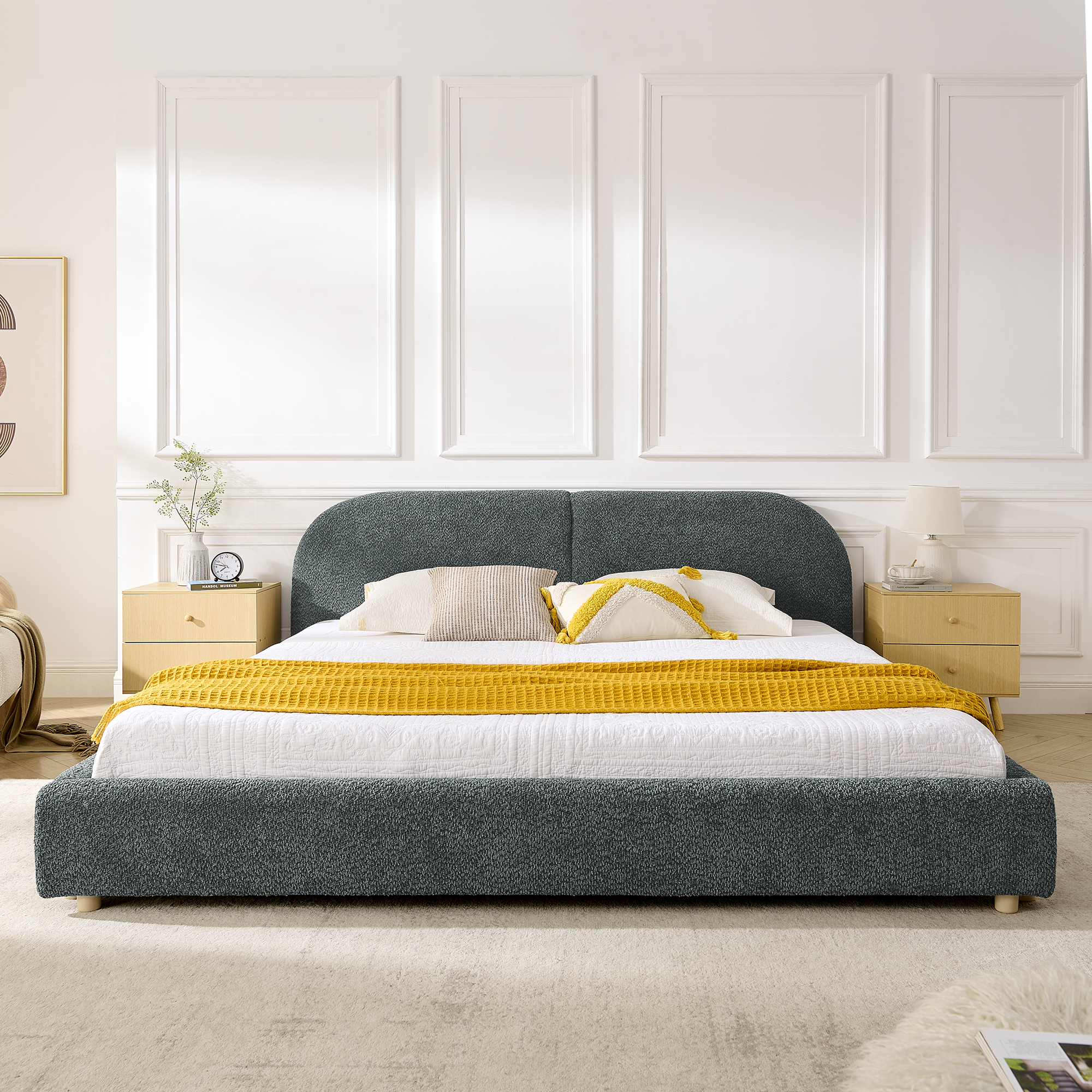 King Size Upholstered Bed Frame, Modern Minimalist Style with Tall Curved Headboard, Premium Circle Yarn Fabric & Sturdy Leg Support, Mattress Not Included-Dark Gray - Image 3