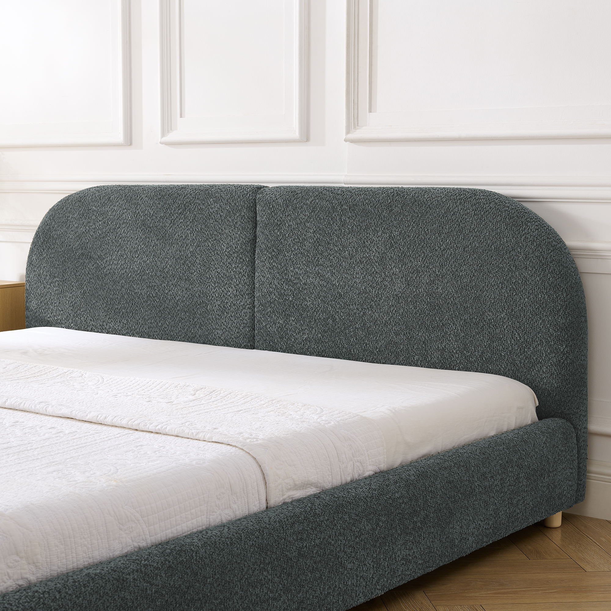 King Size Upholstered Bed Frame, Modern Minimalist Style with Tall Curved Headboard, Premium Circle Yarn Fabric & Sturdy Leg Support, Mattress Not Included-Dark Gray - Image 4