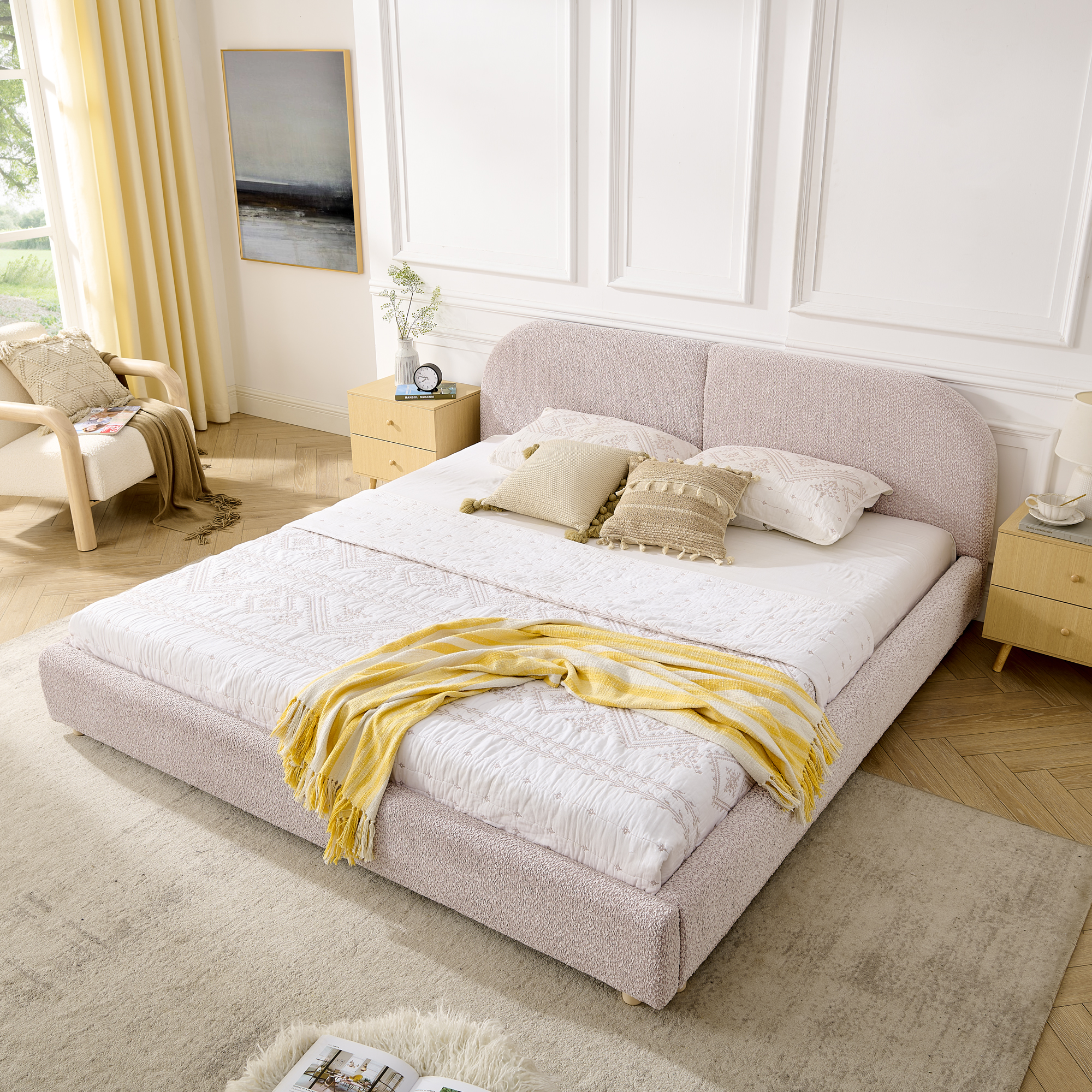 King Size Upholstered Bed Frame, Modern Minimalist Style with Tall Curved Headboard, Premium Circle Yarn Fabric & Sturdy Leg Support, Mattress Not Included-Pink - Image 2