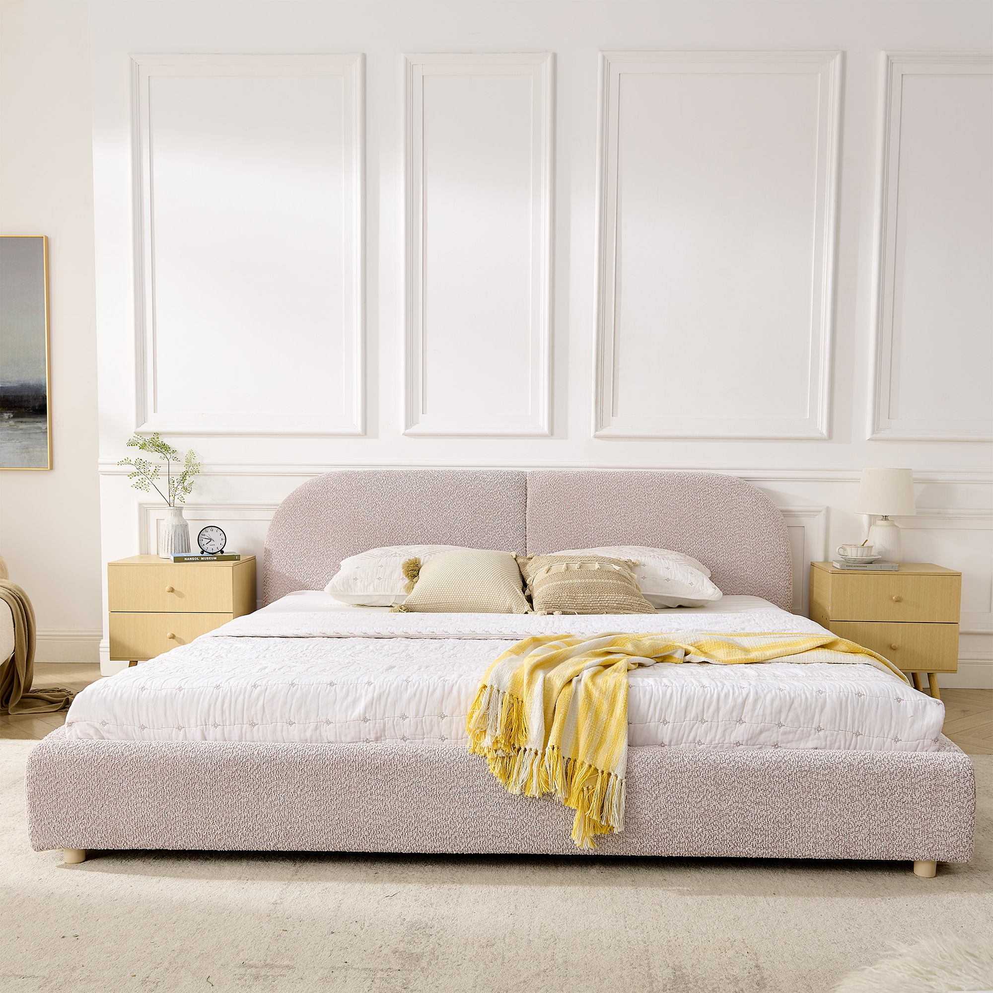 King Size Upholstered Bed Frame, Modern Minimalist Style with Tall Curved Headboard, Premium Circle Yarn Fabric & Sturdy Leg Support, Mattress Not Included-Pink - Image 3