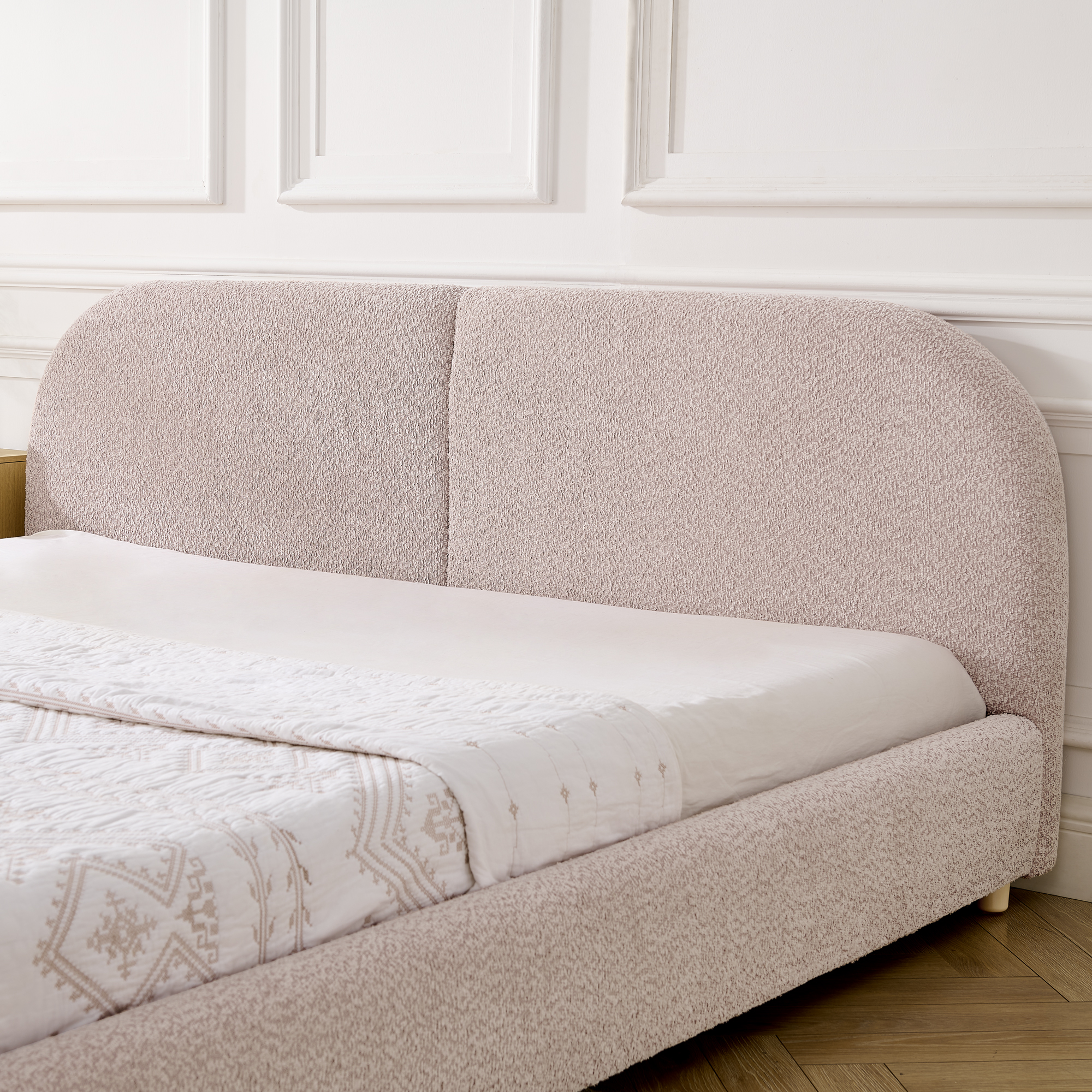 King Size Upholstered Bed Frame, Modern Minimalist Style with Tall Curved Headboard, Premium Circle Yarn Fabric & Sturdy Leg Support, Mattress Not Included-Pink - Image 4