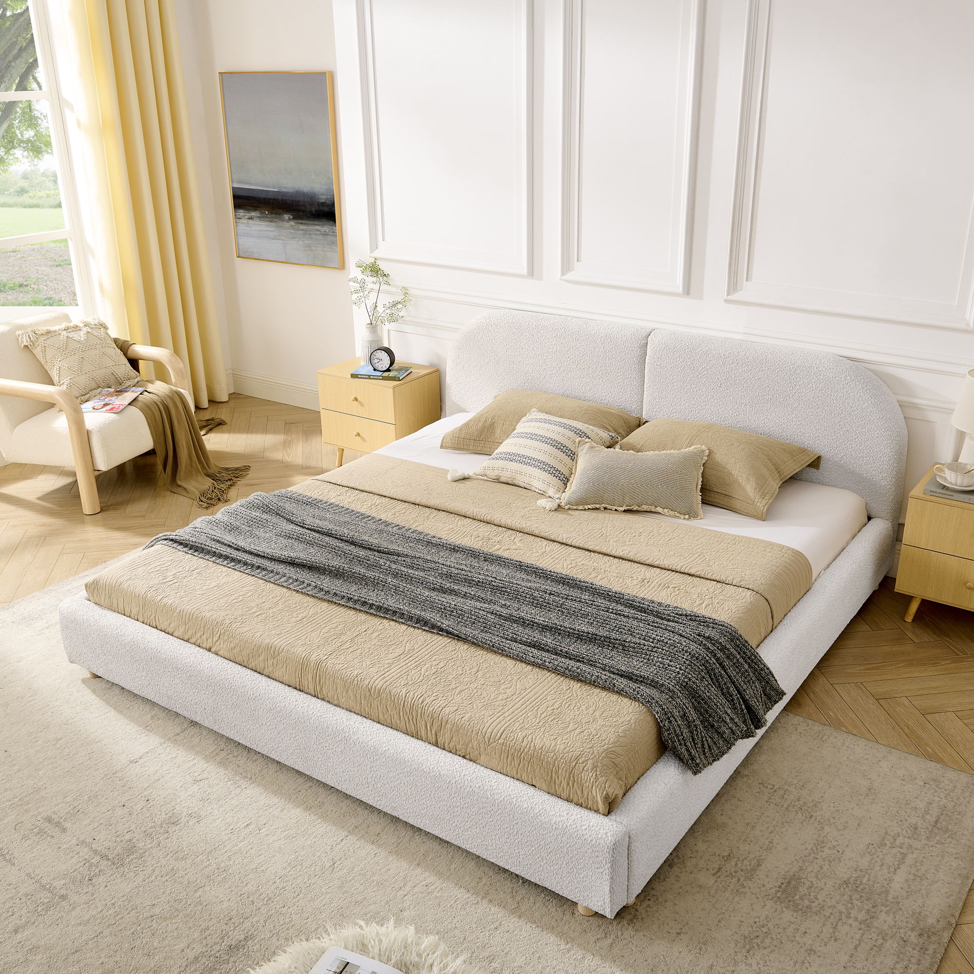 King Size Upholstered Bed Frame, Modern Minimalist Style with Tall Curved Headboard, Premium Circle Yarn Fabric & Sturdy Leg Support, Mattress Not Included-Beige - Image 2