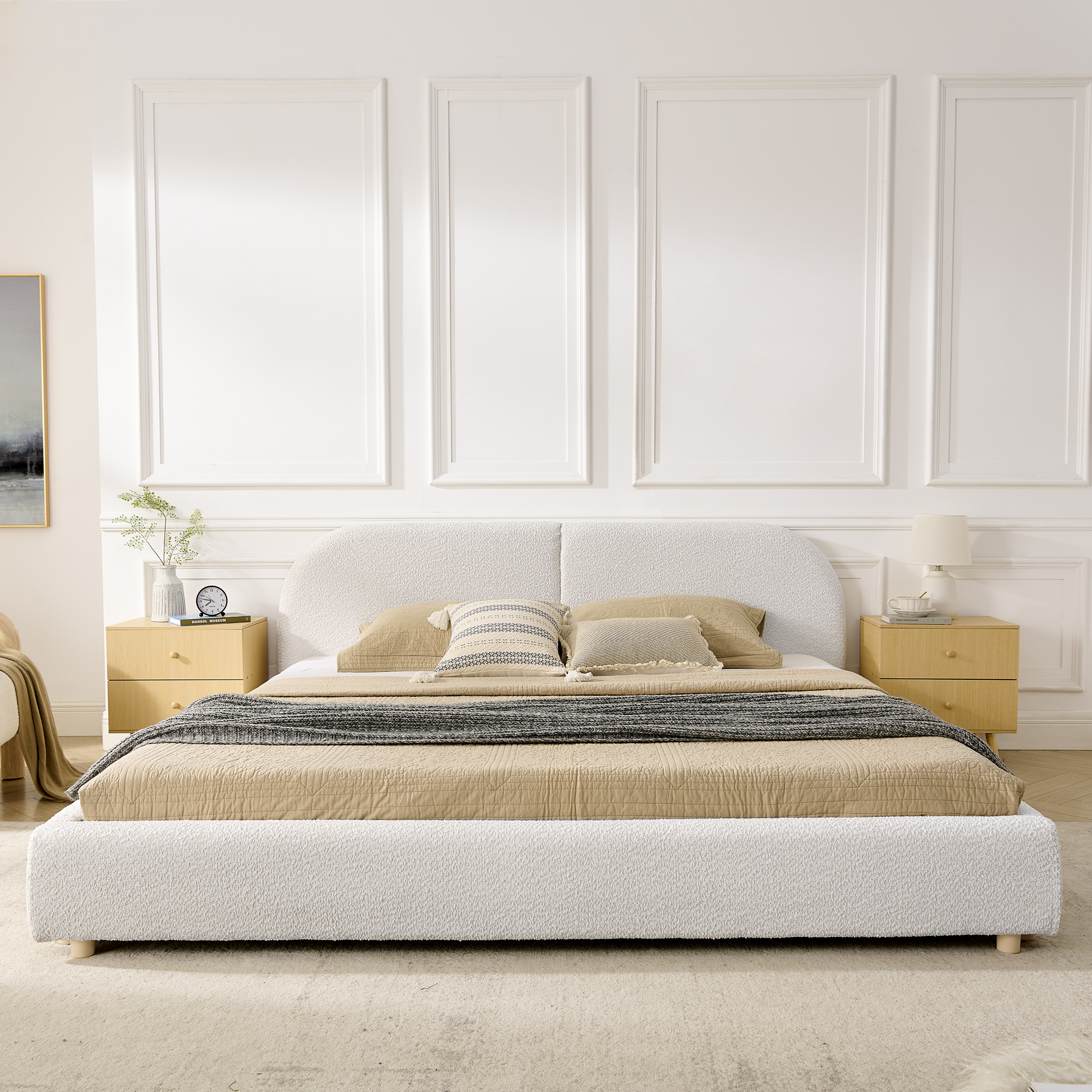 King Size Upholstered Bed Frame, Modern Minimalist Style with Tall Curved Headboard, Premium Circle Yarn Fabric & Sturdy Leg Support, Mattress Not Included-Beige - Image 3