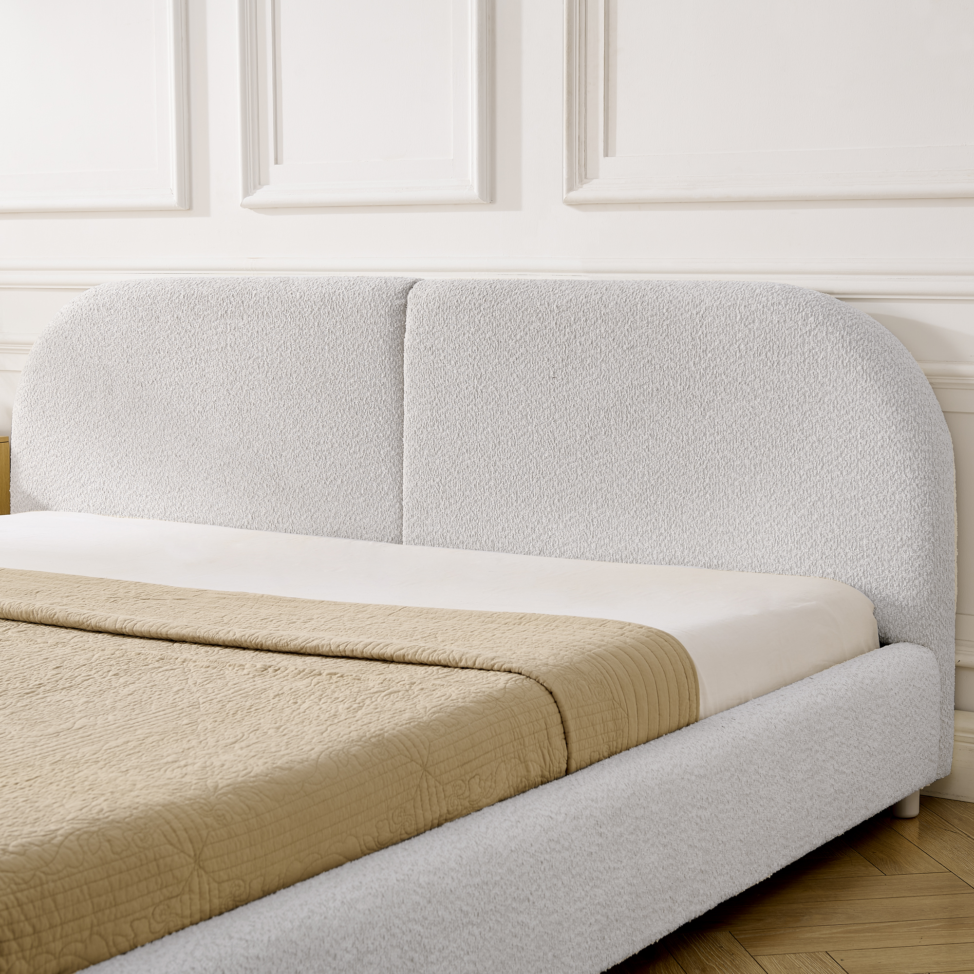 King Size Upholstered Bed Frame, Modern Minimalist Style with Tall Curved Headboard, Premium Circle Yarn Fabric & Sturdy Leg Support, Mattress Not Included-Beige - Image 4