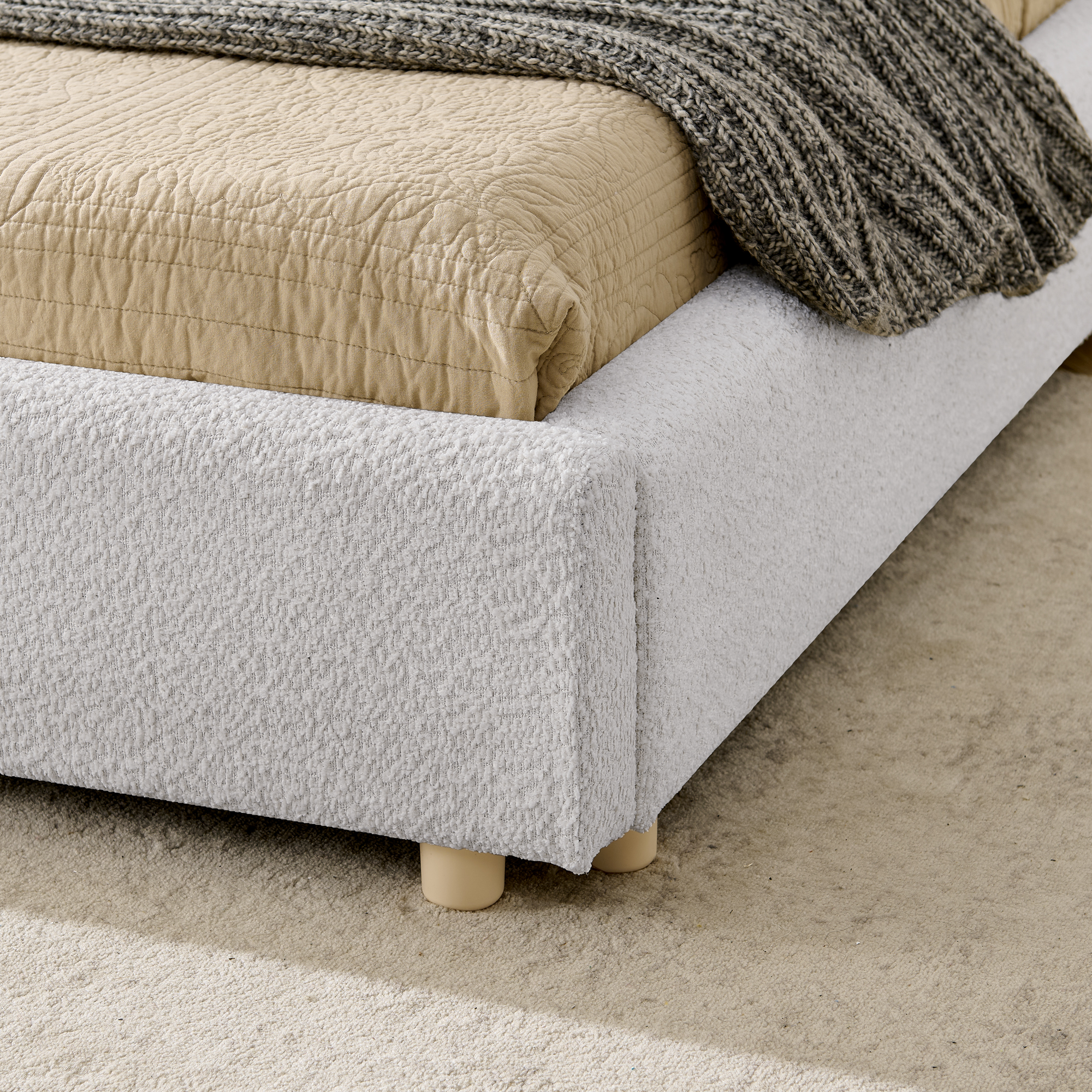 Queen Size Upholstered Bed Frame, Modern Minimalist Style with Tall Curved Headboard, Premium Circle Yarn Fabric & Sturdy Leg Support, Mattress Not Included-Beige - Image 5