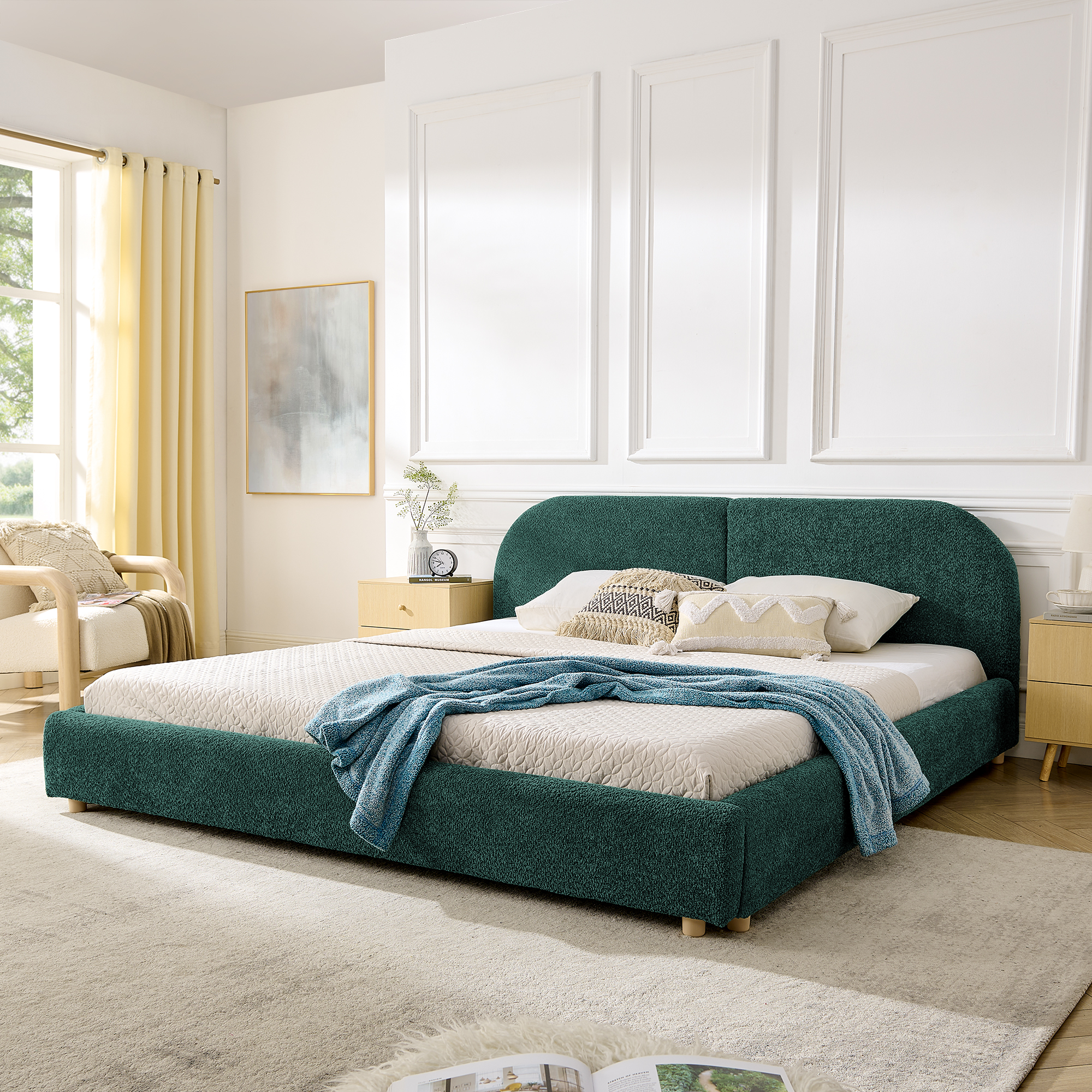 King Size Upholstered Bed Frame, Modern Minimalist Style with Tall Curved Headboard, Premium Circle Yarn Fabric & Sturdy Leg Support, Mattress Not Included-Green - Image 1
