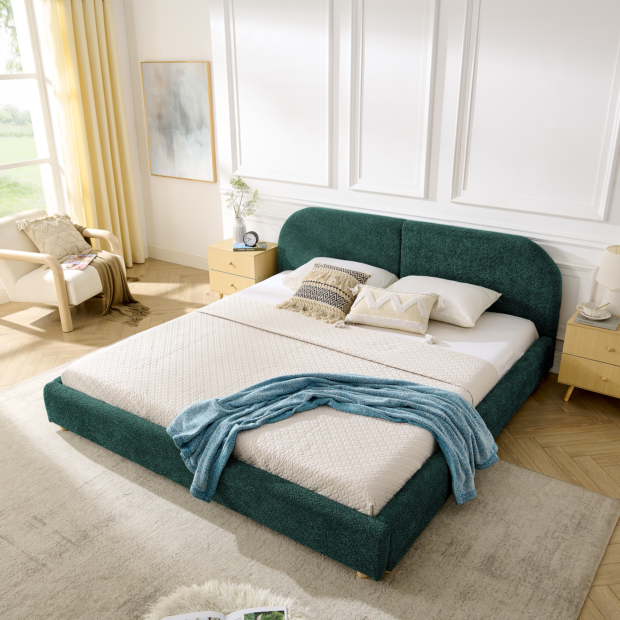 King Size Upholstered Bed Frame, Modern Minimalist Style with Tall Curved Headboard, Premium Circle Yarn Fabric & Sturdy Leg Support, Mattress Not Included-Green - Image 2