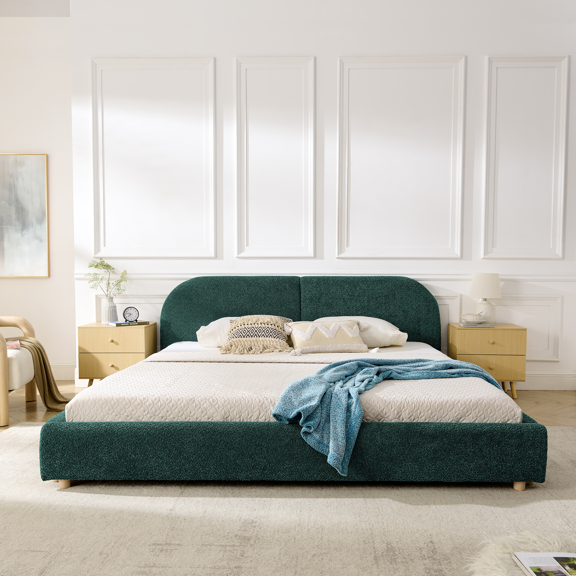 King Size Upholstered Bed Frame, Modern Minimalist Style with Tall Curved Headboard, Premium Circle Yarn Fabric & Sturdy Leg Support, Mattress Not Included-Green - Image 3