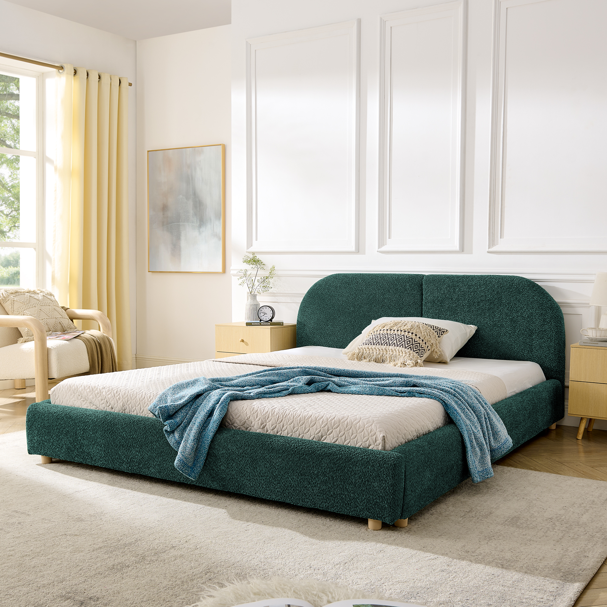 Queen Size Upholstered Bed Frame, Modern Minimalist Style with Tall Curved Headboard, Premium Circle Yarn Fabric & Sturdy Leg Support, Mattress Not Included-Green - Image 1
