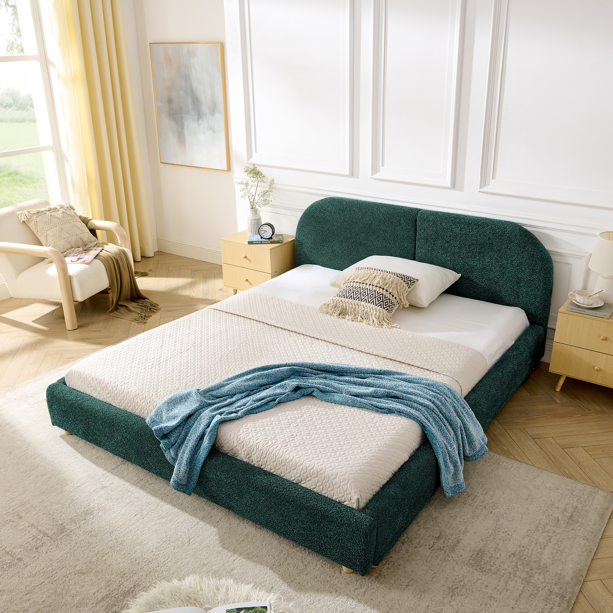 Queen Size Upholstered Bed Frame, Modern Minimalist Style with Tall Curved Headboard, Premium Circle Yarn Fabric & Sturdy Leg Support, Mattress Not Included-Green - Image 2