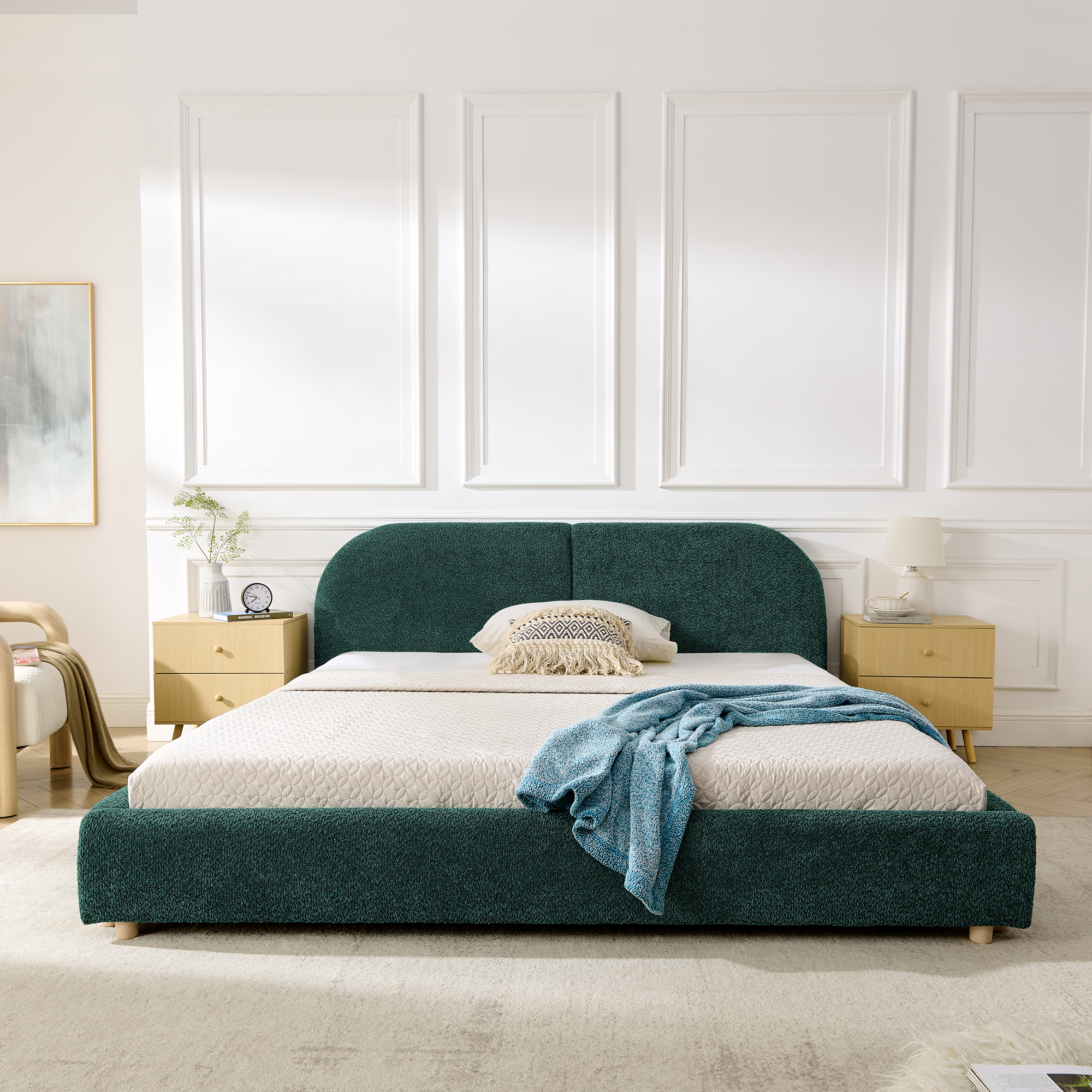 Queen Size Upholstered Bed Frame, Modern Minimalist Style with Tall Curved Headboard, Premium Circle Yarn Fabric & Sturdy Leg Support, Mattress Not Included-Green - Image 3