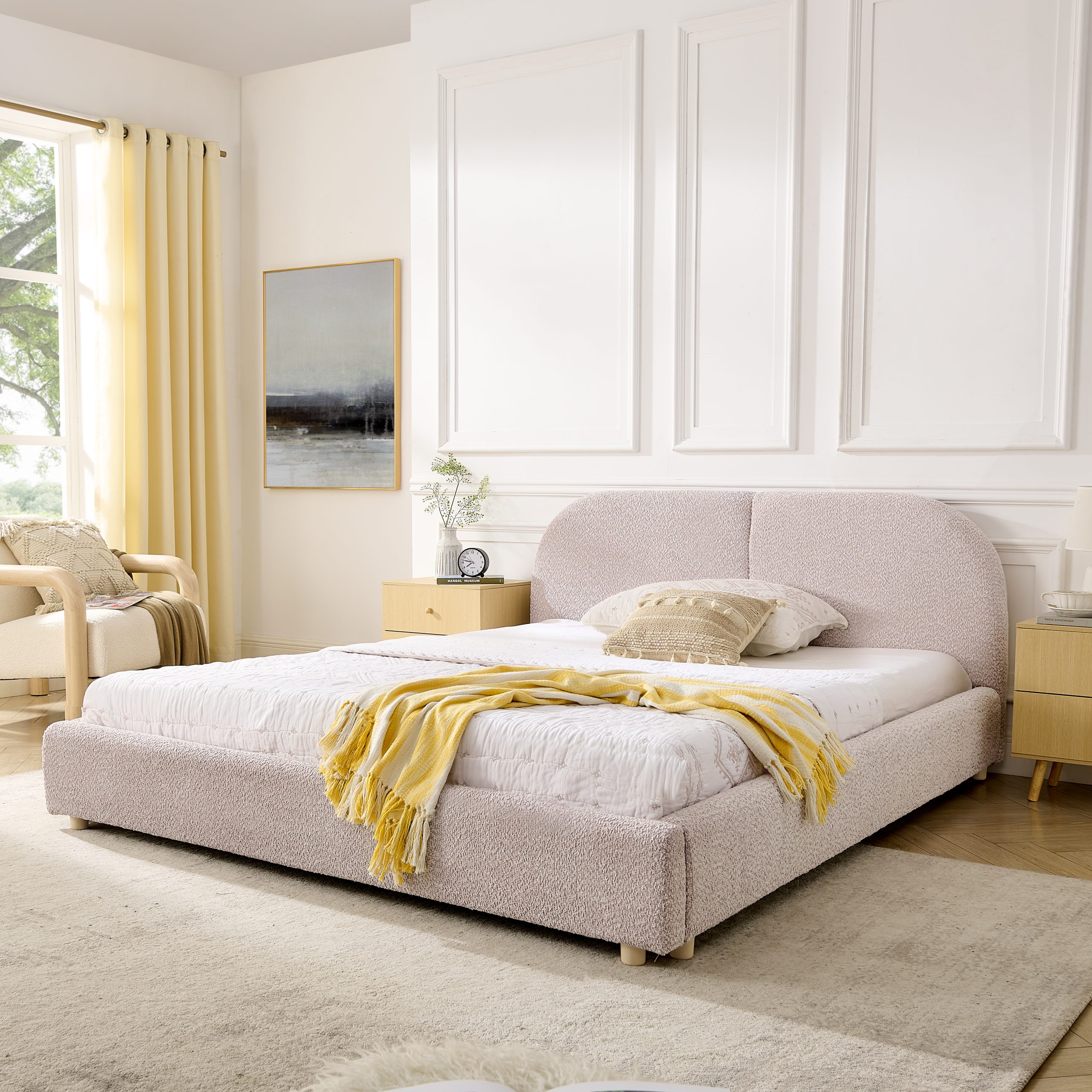 Queen Size Upholstered Bed Frame, Modern Minimalist Style with Tall Curved Headboard, Premium Circle Yarn Fabric & Sturdy Leg Support, Mattress Not Included-Pink