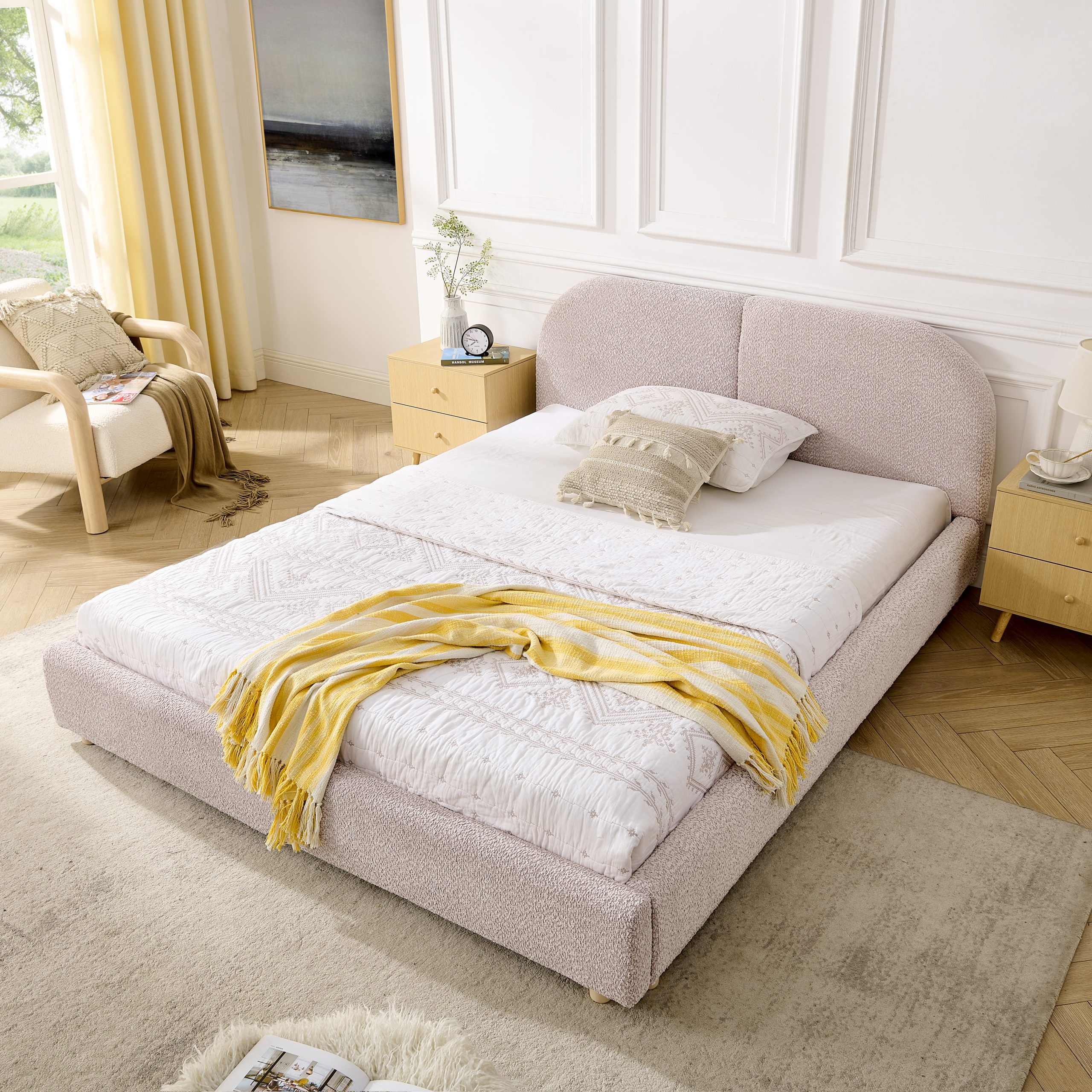 Queen Size Upholstered Bed Frame, Modern Minimalist Style with Tall Curved Headboard, Premium Circle Yarn Fabric & Sturdy Leg Support, Mattress Not Included-Pink - Image 2