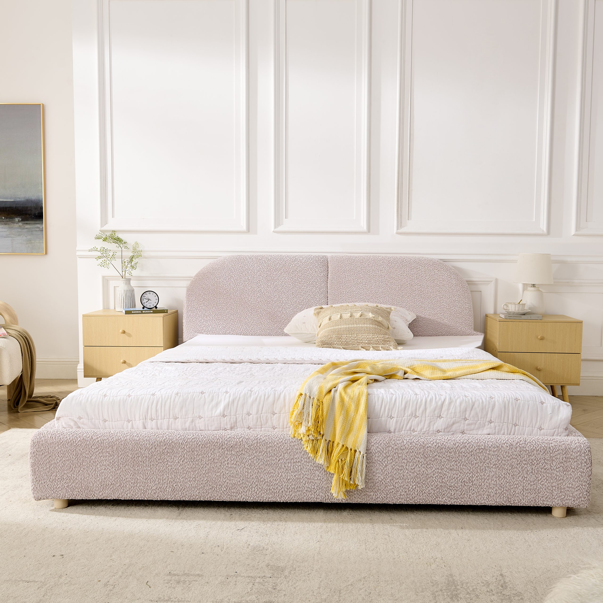 Queen Size Upholstered Bed Frame, Modern Minimalist Style with Tall Curved Headboard, Premium Circle Yarn Fabric & Sturdy Leg Support, Mattress Not Included-Pink - Image 3