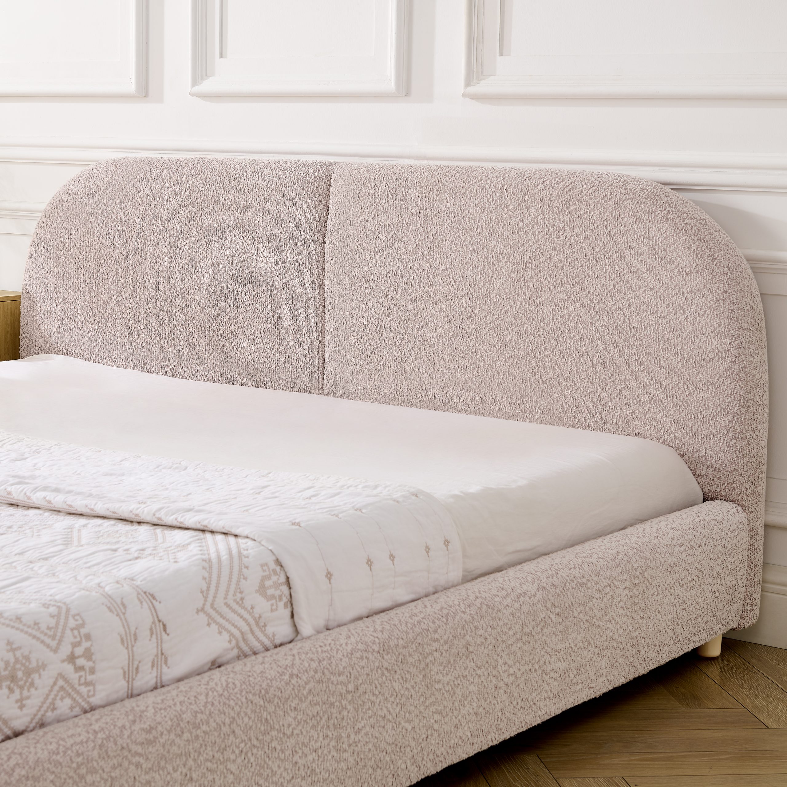 Queen Size Upholstered Bed Frame, Modern Minimalist Style with Tall Curved Headboard, Premium Circle Yarn Fabric & Sturdy Leg Support, Mattress Not Included-Pink - Image 4