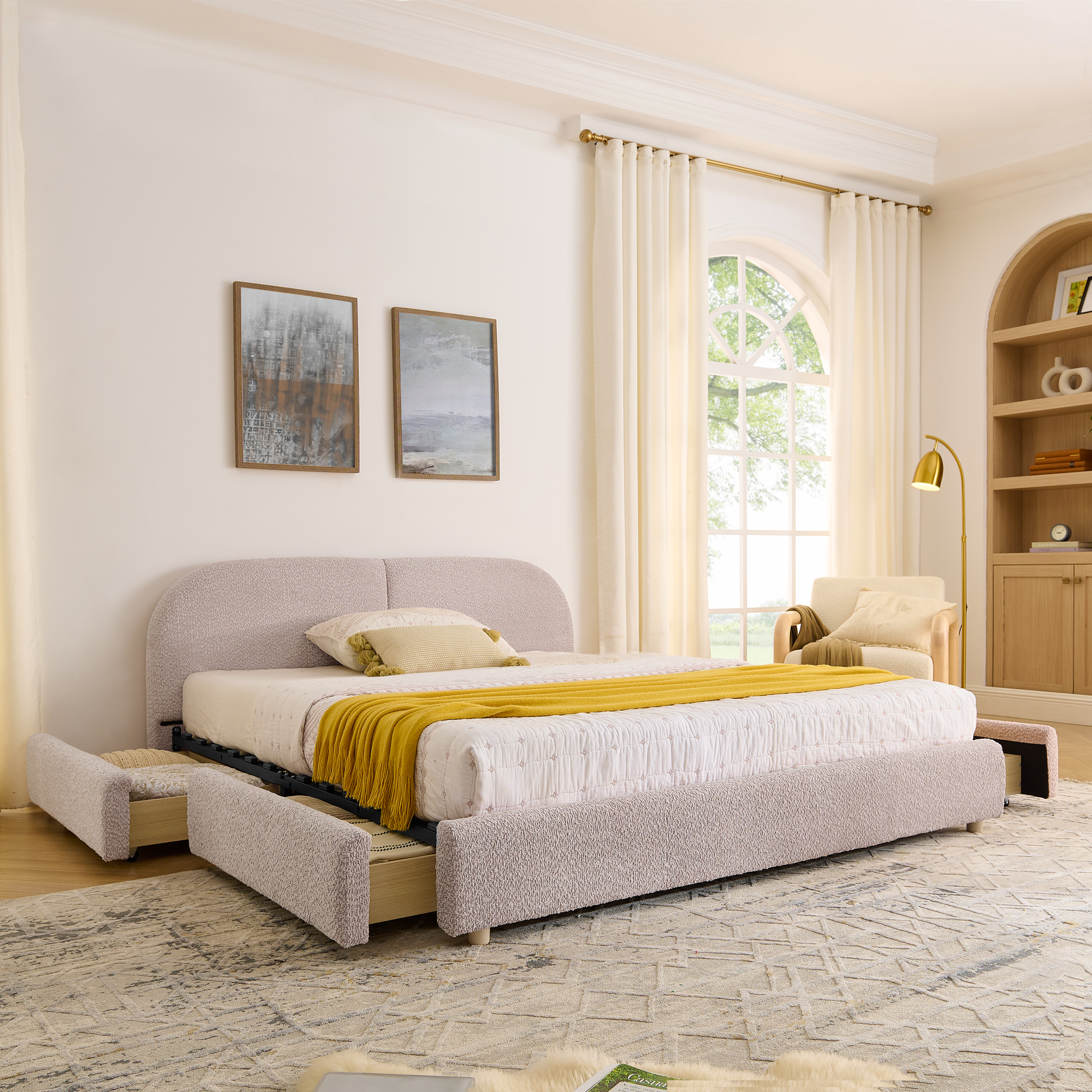Queen Size Upholstered Bed Frame Modern Minimalist Style - Circle Yarn Fabric, Tall Curved Headboard, Sturdy Leg Support & Wheeled Drawer Storage, Mattress Not Included -Pink - Image 1