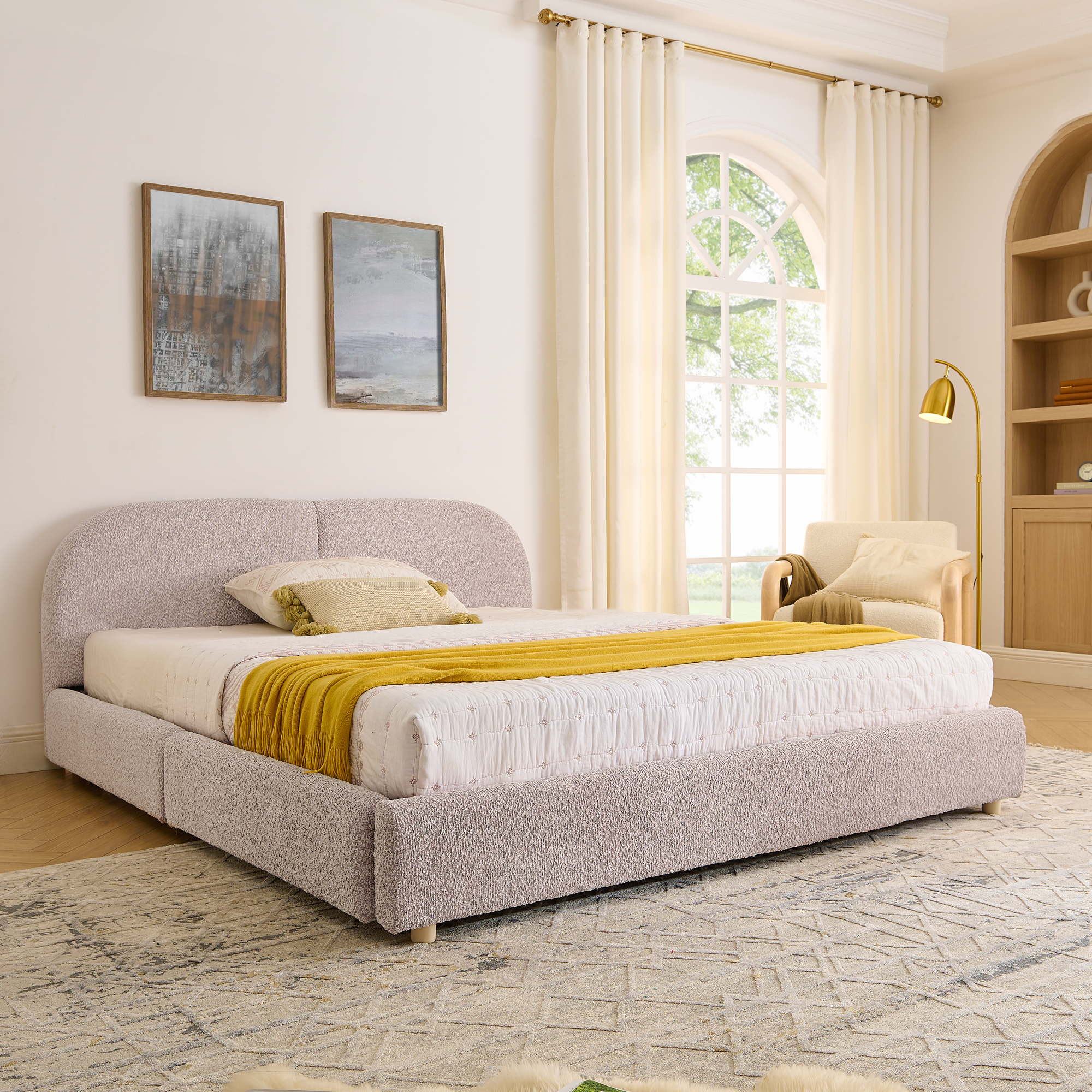Queen Size Upholstered Bed Frame Modern Minimalist Style - Circle Yarn Fabric, Tall Curved Headboard, Sturdy Leg Support & Wheeled Drawer Storage, Mattress Not Included -Pink - Image 2