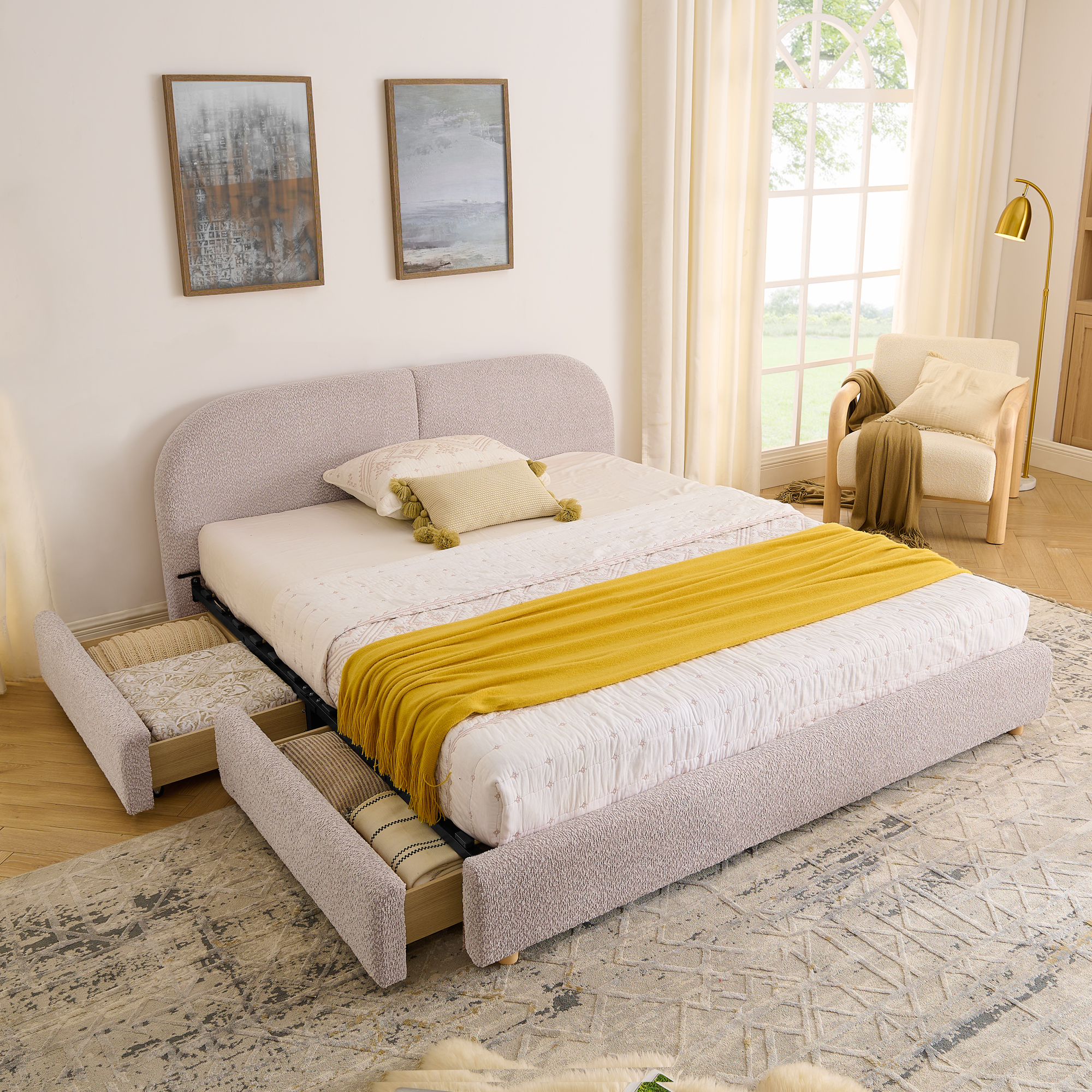 Queen Size Upholstered Bed Frame Modern Minimalist Style - Circle Yarn Fabric, Tall Curved Headboard, Sturdy Leg Support & Wheeled Drawer Storage, Mattress Not Included -Pink - Image 3