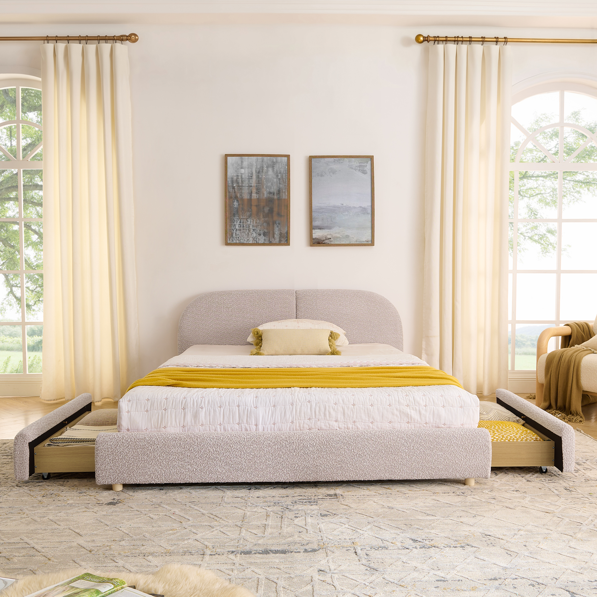 Queen Size Upholstered Bed Frame Modern Minimalist Style - Circle Yarn Fabric, Tall Curved Headboard, Sturdy Leg Support & Wheeled Drawer Storage, Mattress Not Included -Pink - Image 4