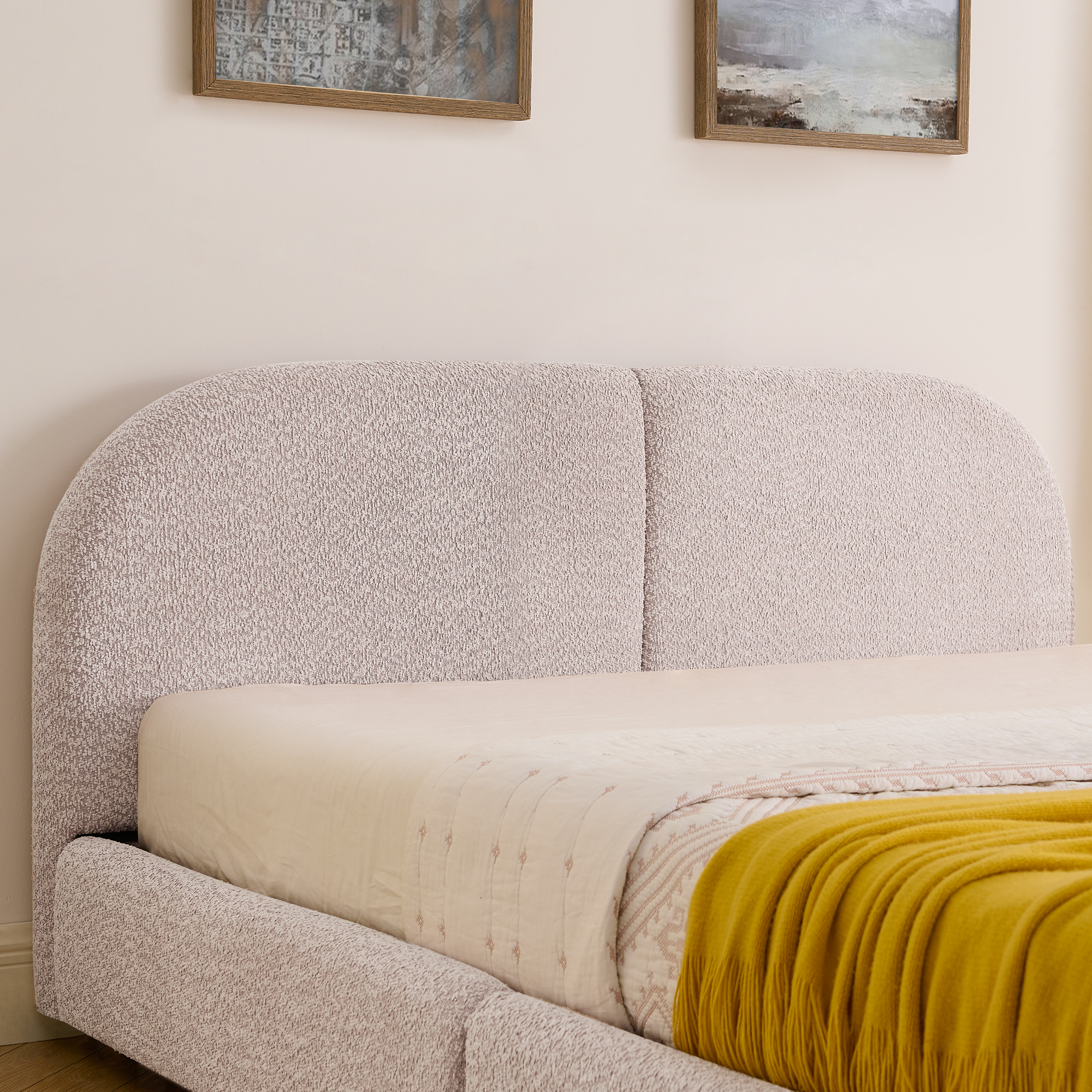 Queen Size Upholstered Bed Frame Modern Minimalist Style - Circle Yarn Fabric, Tall Curved Headboard, Sturdy Leg Support & Wheeled Drawer Storage, Mattress Not Included -Pink - Image 6