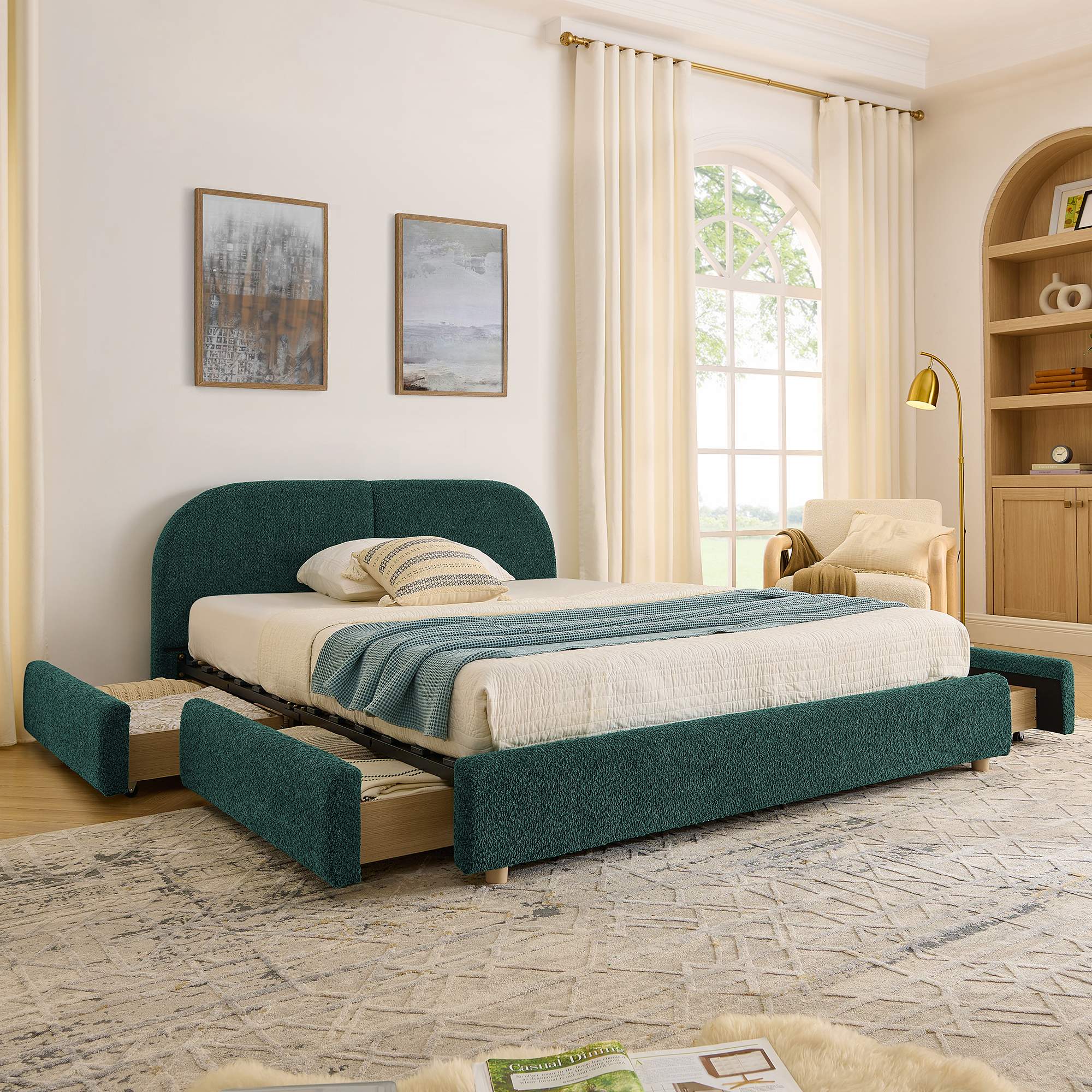 Queen Size Upholstered Bed Frame Modern Minimalist Style - Circle Yarn Fabric, Tall Curved Headboard, Sturdy Leg Support & Wheeled Drawer Storage, Mattress Not Included -Green - Image 1