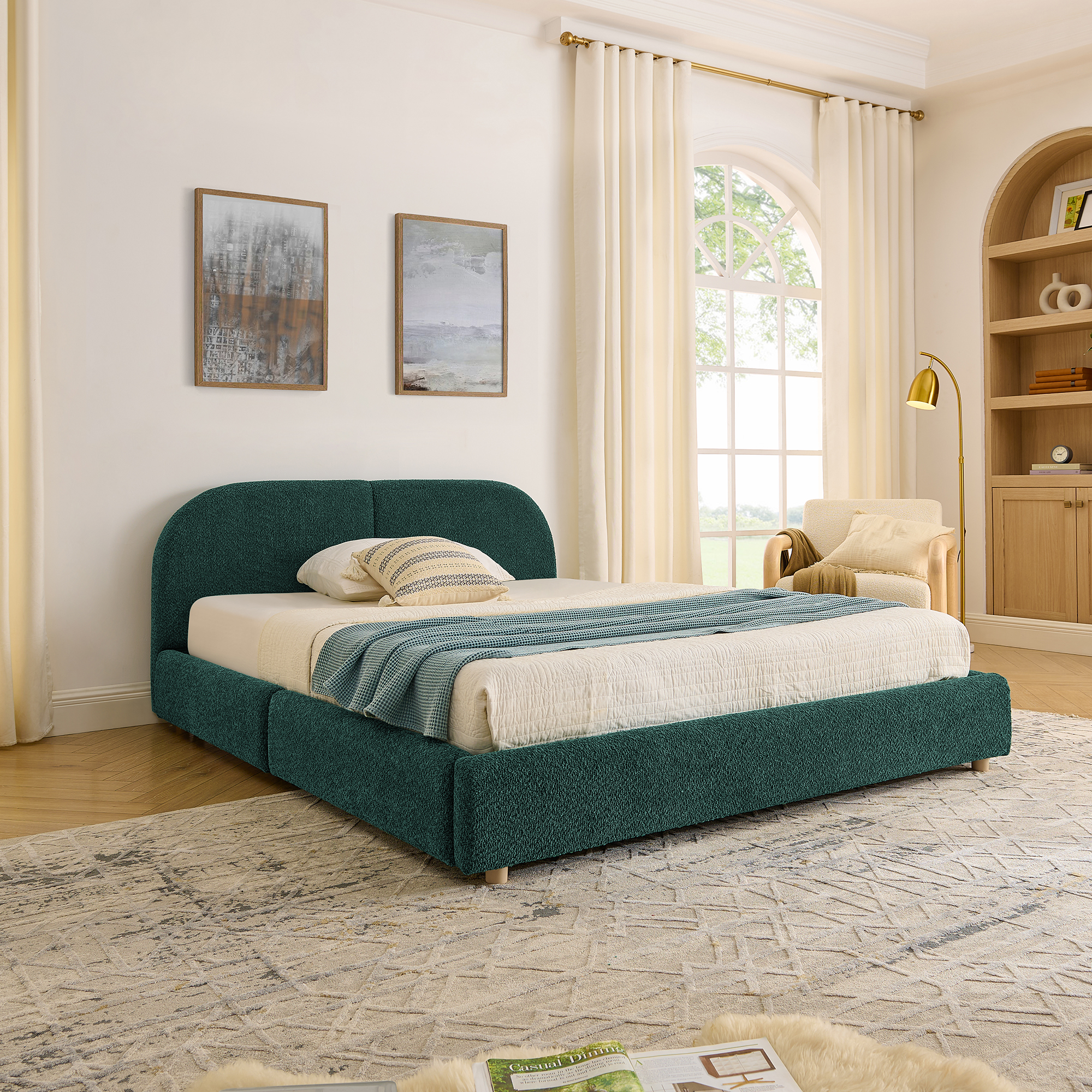 Queen Size Upholstered Bed Frame Modern Minimalist Style - Circle Yarn Fabric, Tall Curved Headboard, Sturdy Leg Support & Wheeled Drawer Storage, Mattress Not Included -Green - Image 2