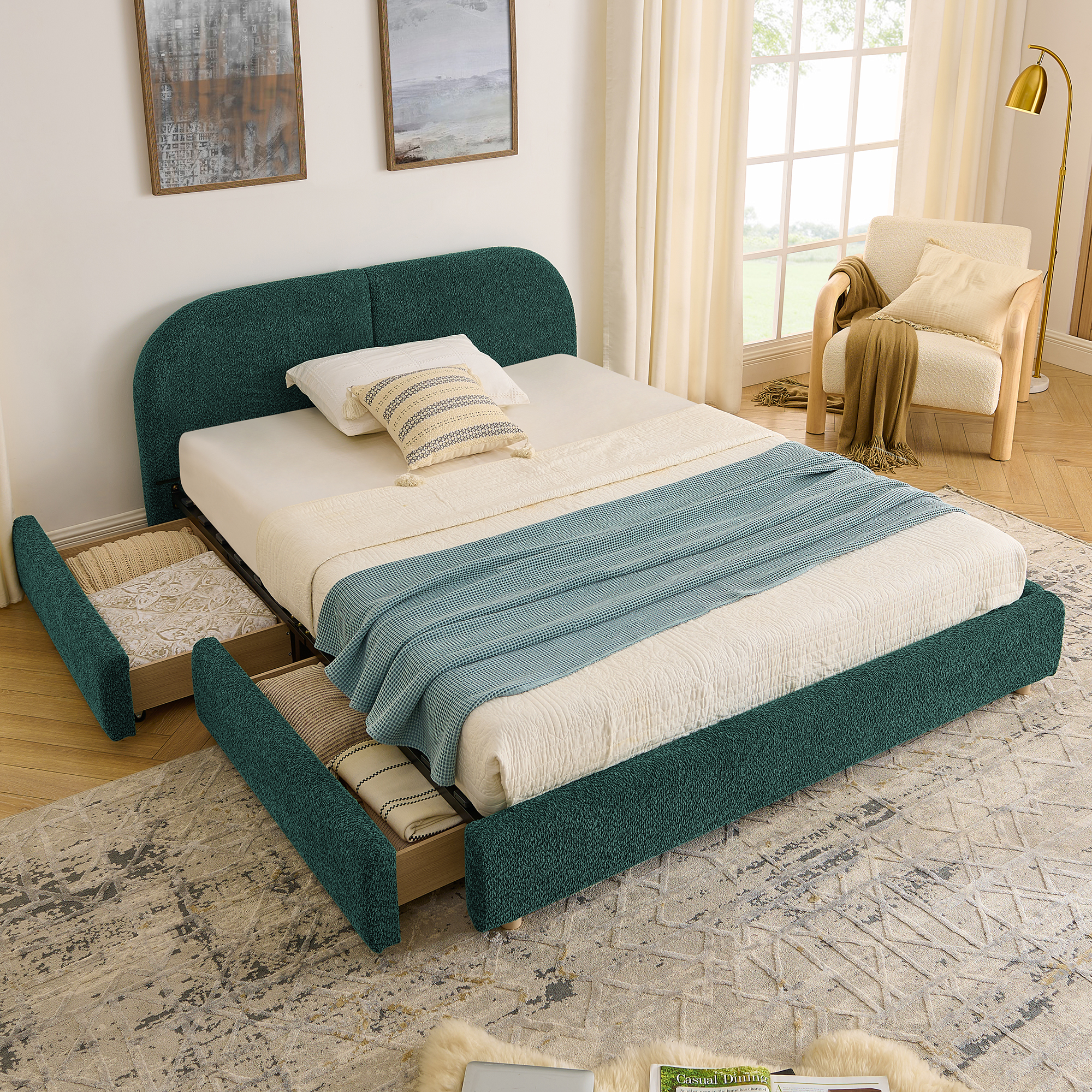 Queen Size Upholstered Bed Frame Modern Minimalist Style - Circle Yarn Fabric, Tall Curved Headboard, Sturdy Leg Support & Wheeled Drawer Storage, Mattress Not Included -Green - Image 3
