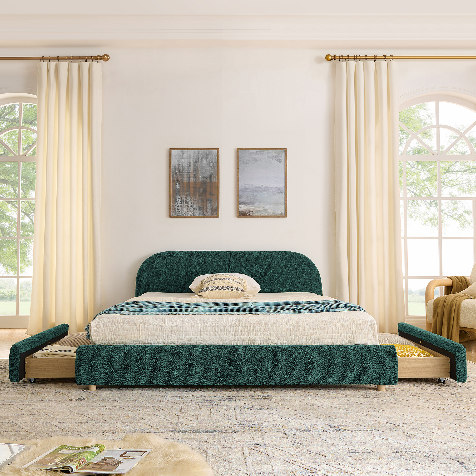 Queen Size Upholstered Bed Frame Modern Minimalist Style - Circle Yarn Fabric, Tall Curved Headboard, Sturdy Leg Support & Wheeled Drawer Storage, Mattress Not Included -Green - Image 4