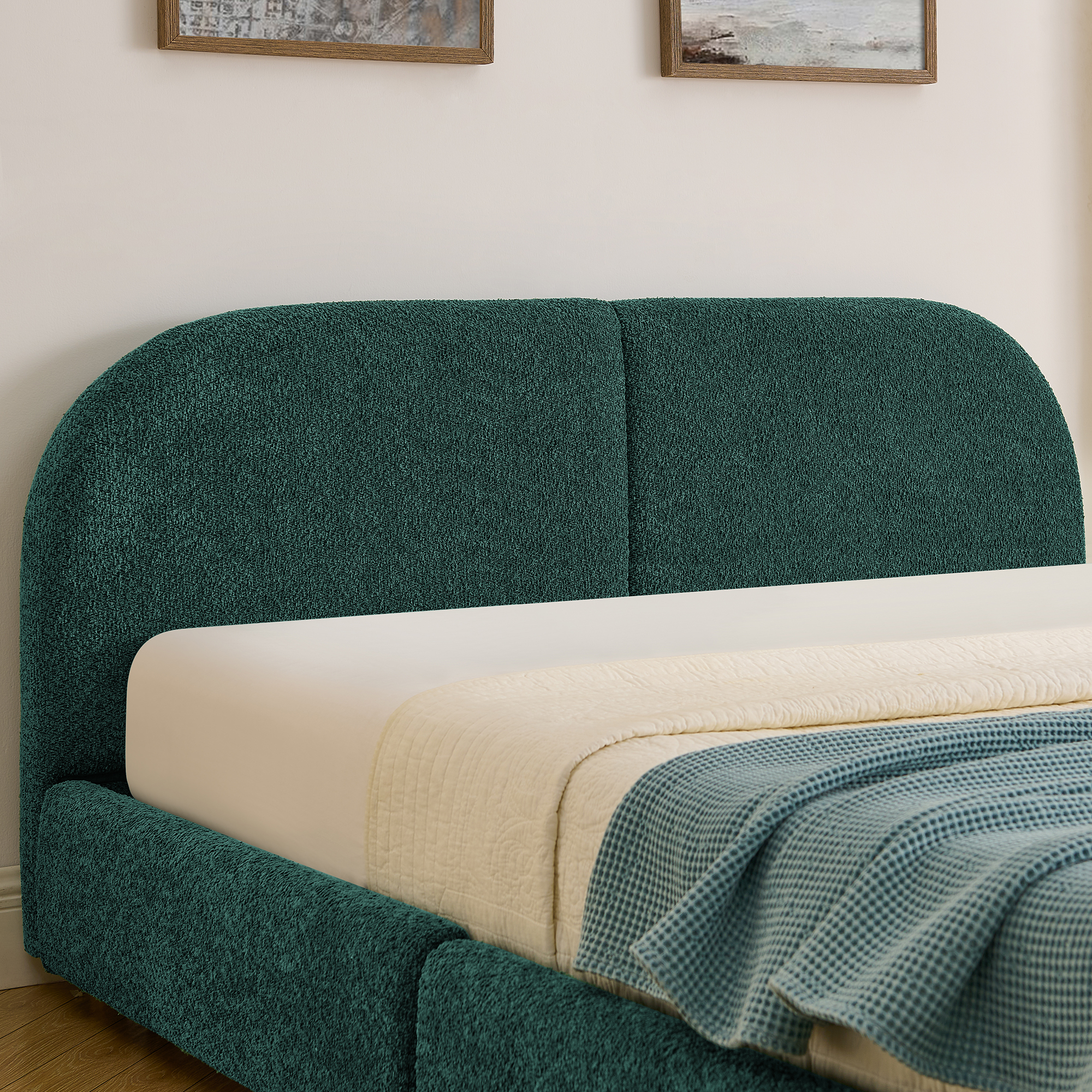 Queen Size Upholstered Bed Frame Modern Minimalist Style - Circle Yarn Fabric, Tall Curved Headboard, Sturdy Leg Support & Wheeled Drawer Storage, Mattress Not Included -Green - Image 5