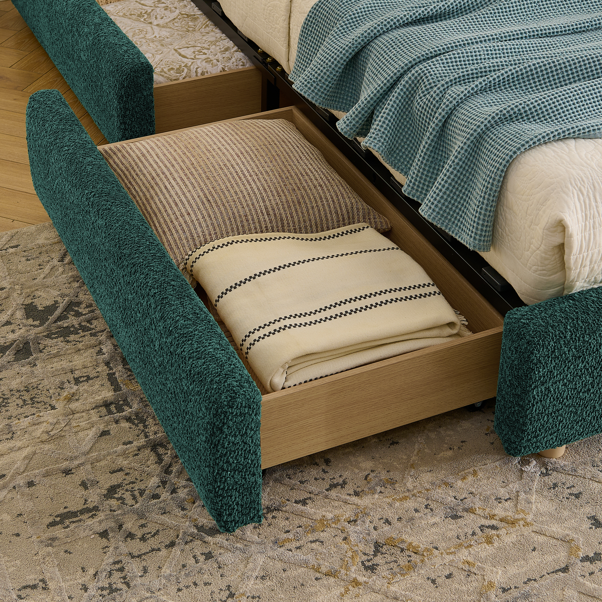 Queen Size Upholstered Bed Frame Modern Minimalist Style - Circle Yarn Fabric, Tall Curved Headboard, Sturdy Leg Support & Wheeled Drawer Storage, Mattress Not Included -Green - Image 6