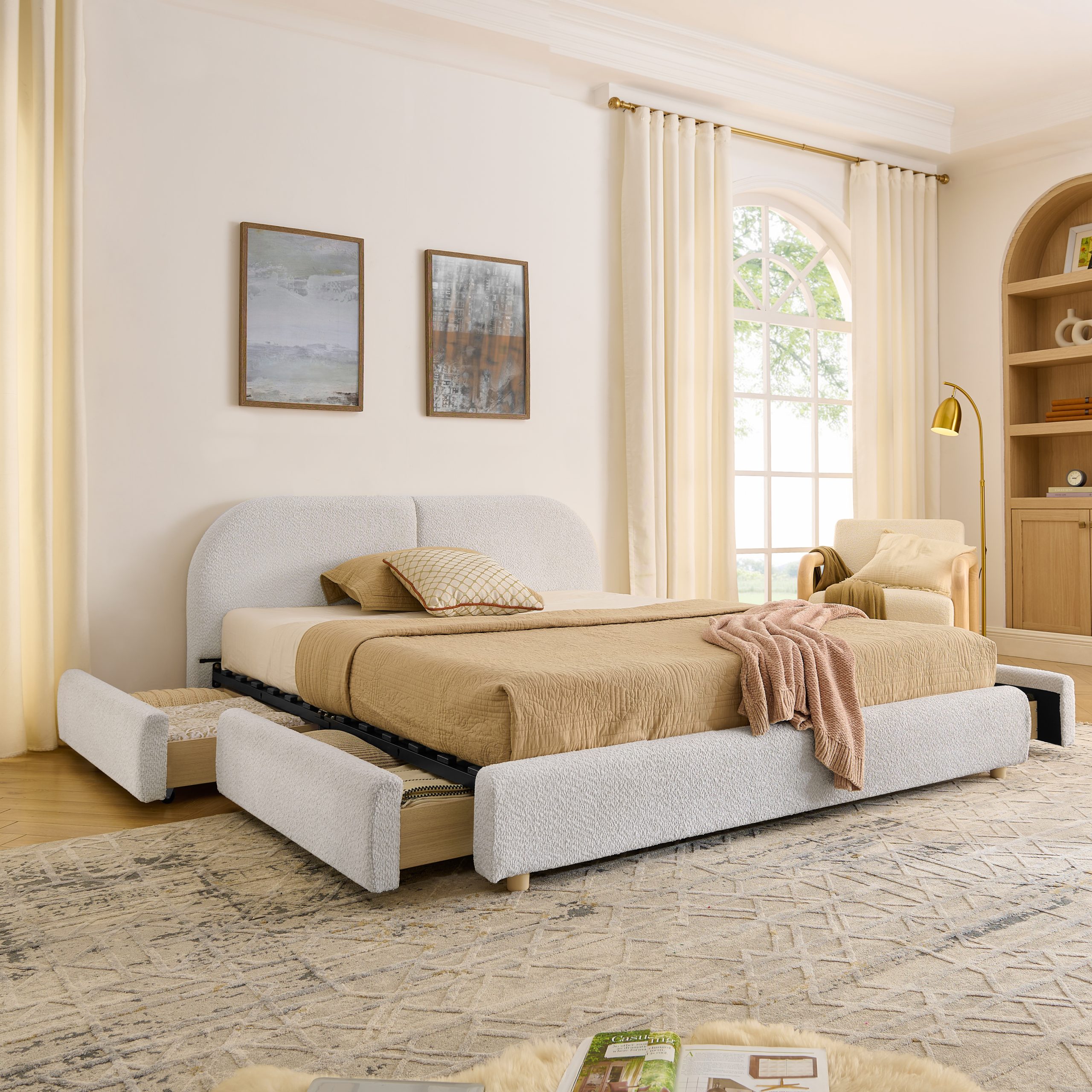 Queen Size Upholstered Bed Frame Modern Minimalist Style – Circle Yarn Fabric, Tall Curved Headboard, Sturdy Leg Support & Wheeled Drawer Storage, Mattress Not Included -Beige
