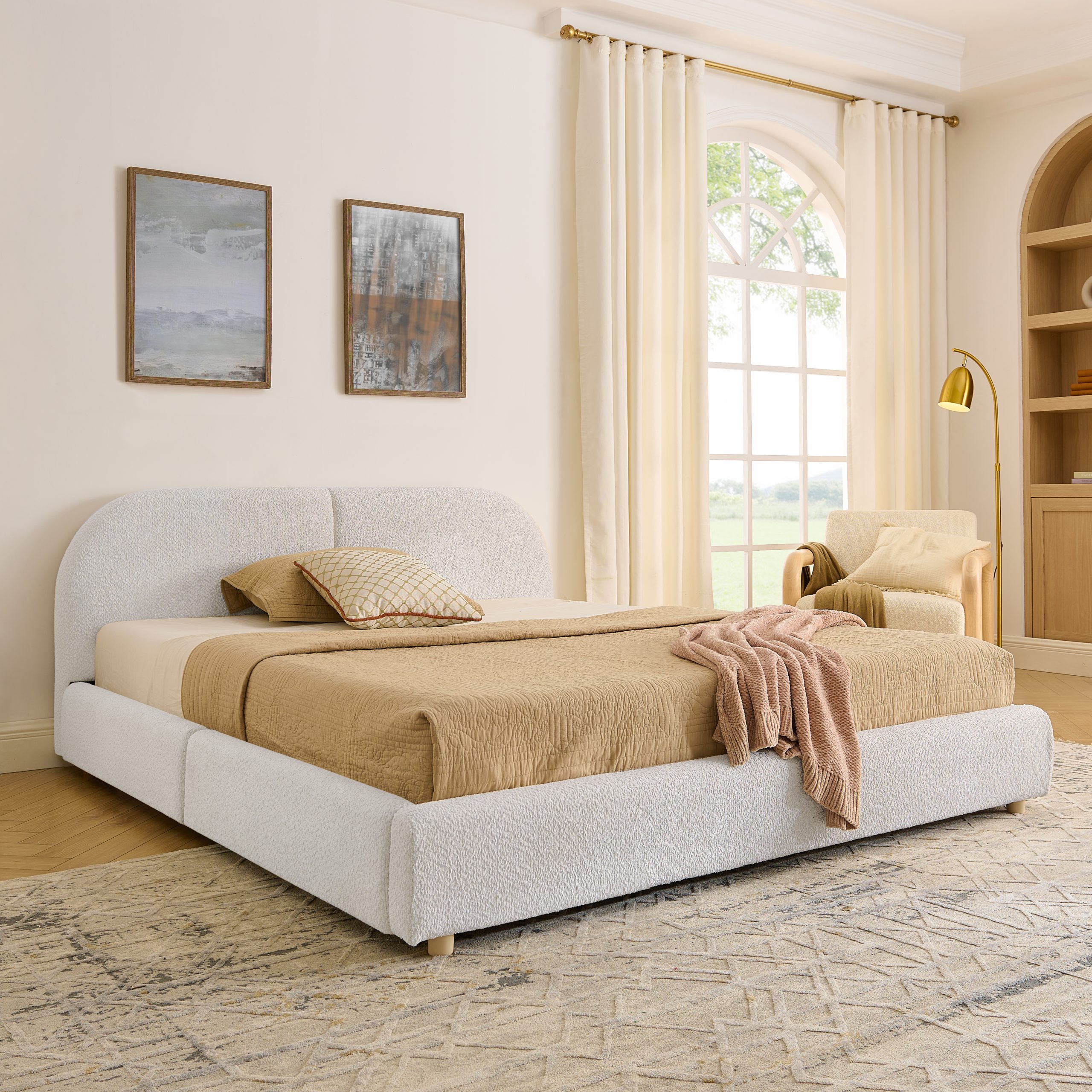 Queen Size Upholstered Bed Frame Modern Minimalist Style - Circle Yarn Fabric, Tall Curved Headboard, Sturdy Leg Support & Wheeled Drawer Storage, Mattress Not Included -Beige - Image 2