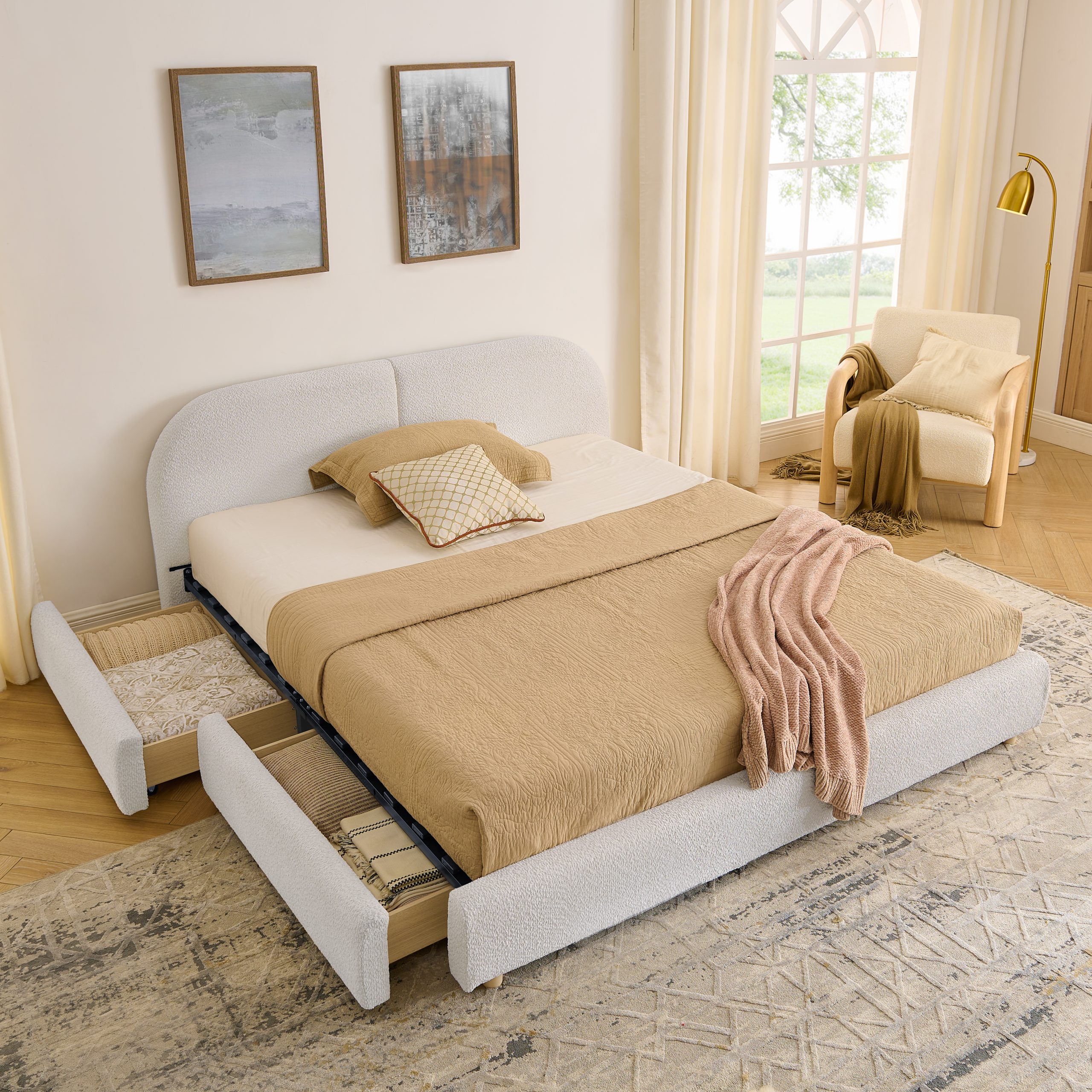 Queen Size Upholstered Bed Frame Modern Minimalist Style - Circle Yarn Fabric, Tall Curved Headboard, Sturdy Leg Support & Wheeled Drawer Storage, Mattress Not Included -Beige - Image 3