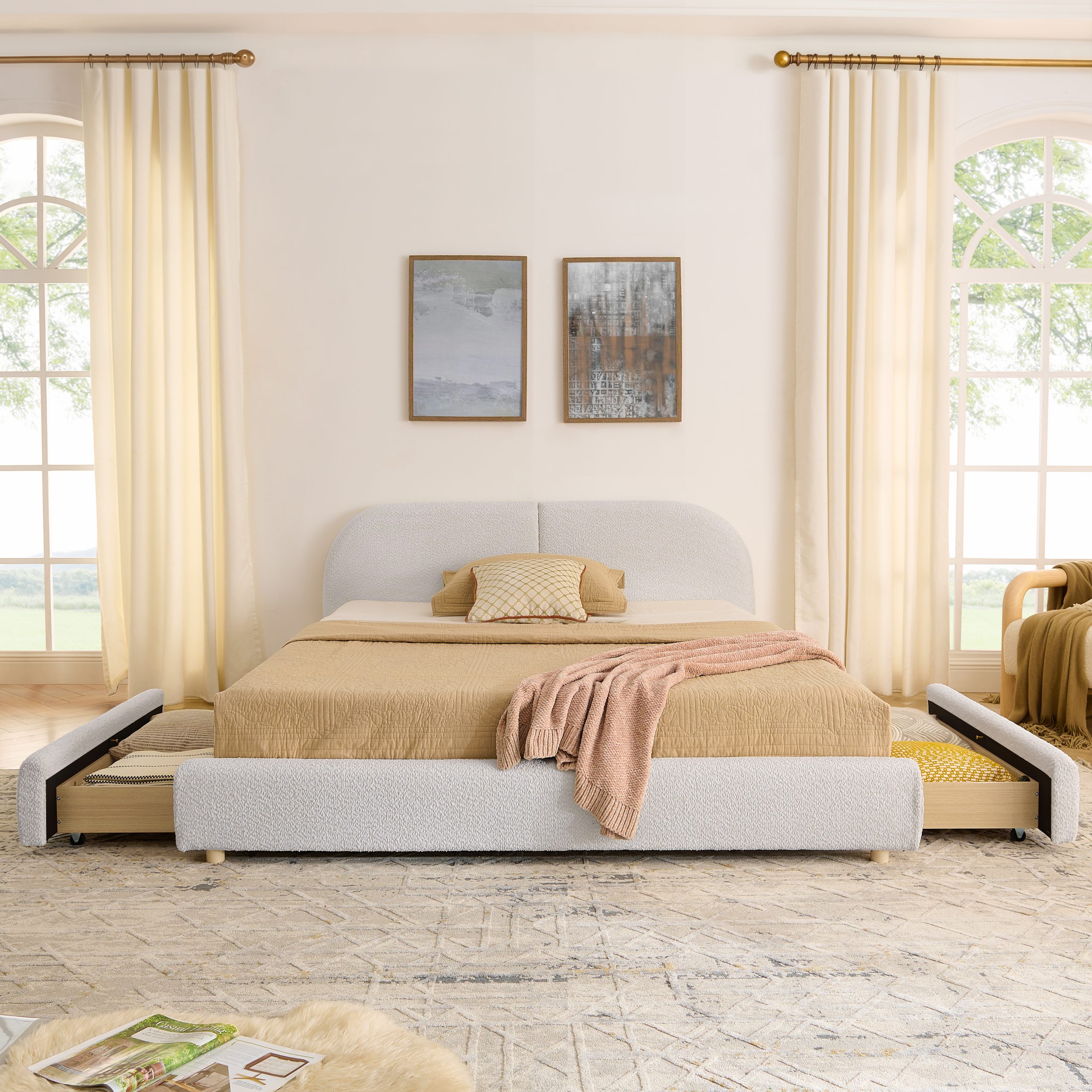 Queen Size Upholstered Bed Frame Modern Minimalist Style - Circle Yarn Fabric, Tall Curved Headboard, Sturdy Leg Support & Wheeled Drawer Storage, Mattress Not Included -Beige - Image 4