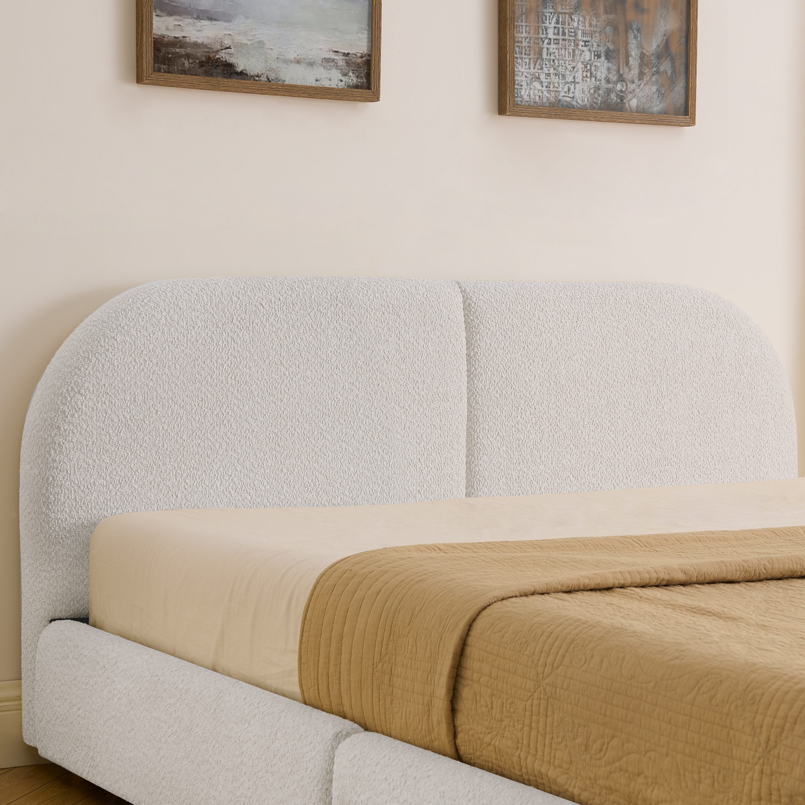 Queen Size Upholstered Bed Frame Modern Minimalist Style - Circle Yarn Fabric, Tall Curved Headboard, Sturdy Leg Support & Wheeled Drawer Storage, Mattress Not Included -Beige - Image 5