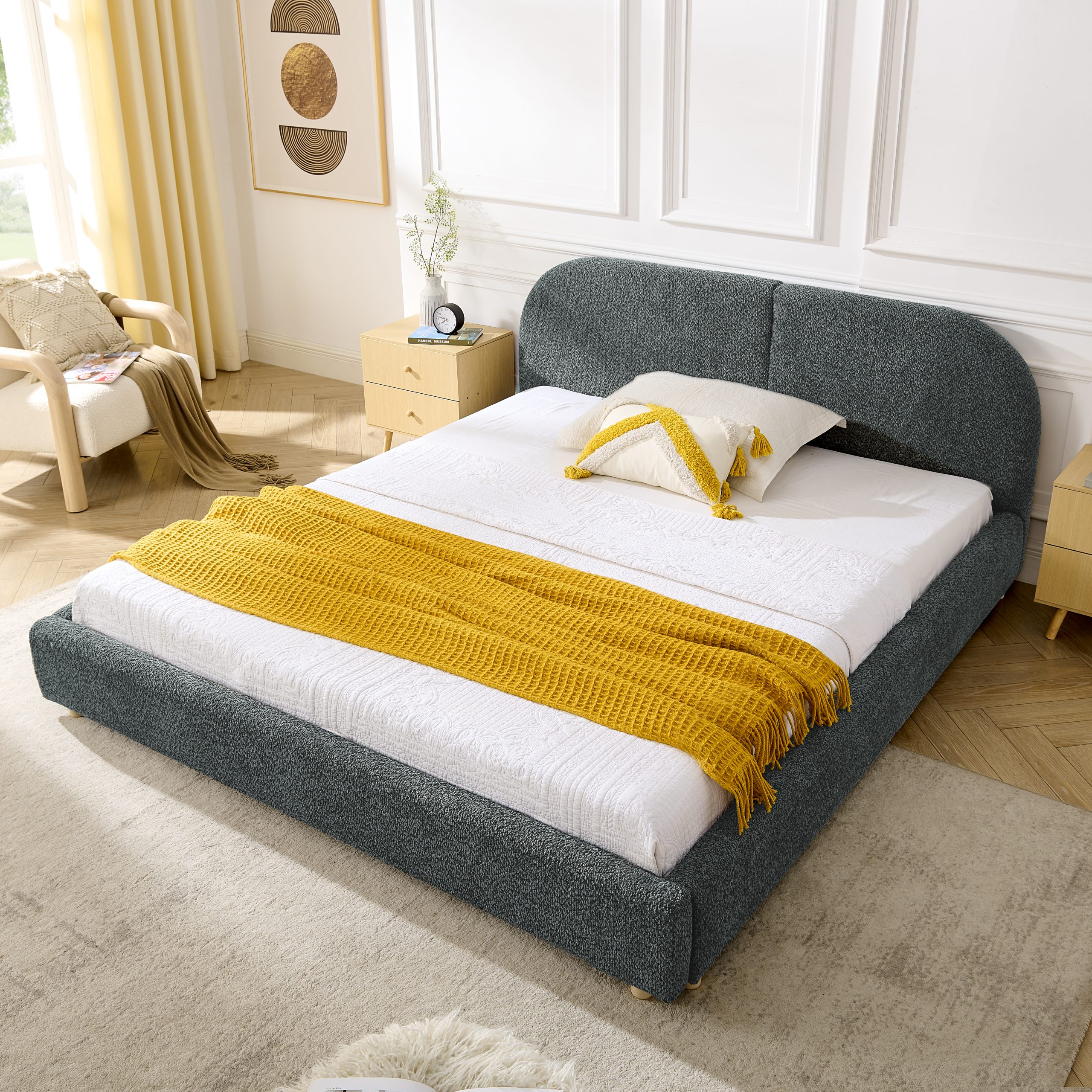 Queen Size Upholstered Bed Frame, Modern Minimalist Style with Tall Curved Headboard, Premium Circle Yarn Fabric & Sturdy Leg Support, Mattress Not Included-Dark Gray - Image 2