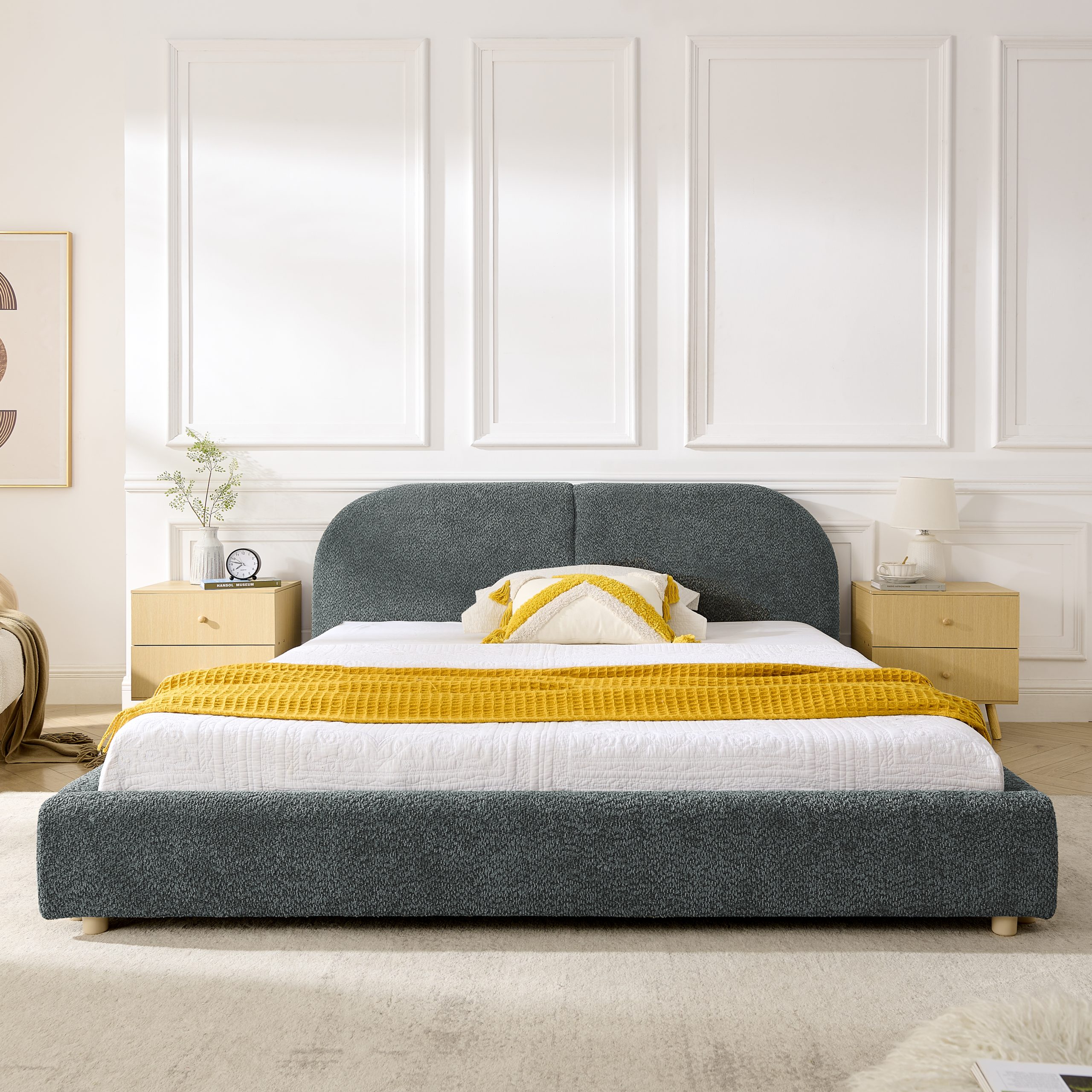 Queen Size Upholstered Bed Frame, Modern Minimalist Style with Tall Curved Headboard, Premium Circle Yarn Fabric & Sturdy Leg Support, Mattress Not Included-Dark Gray - Image 3
