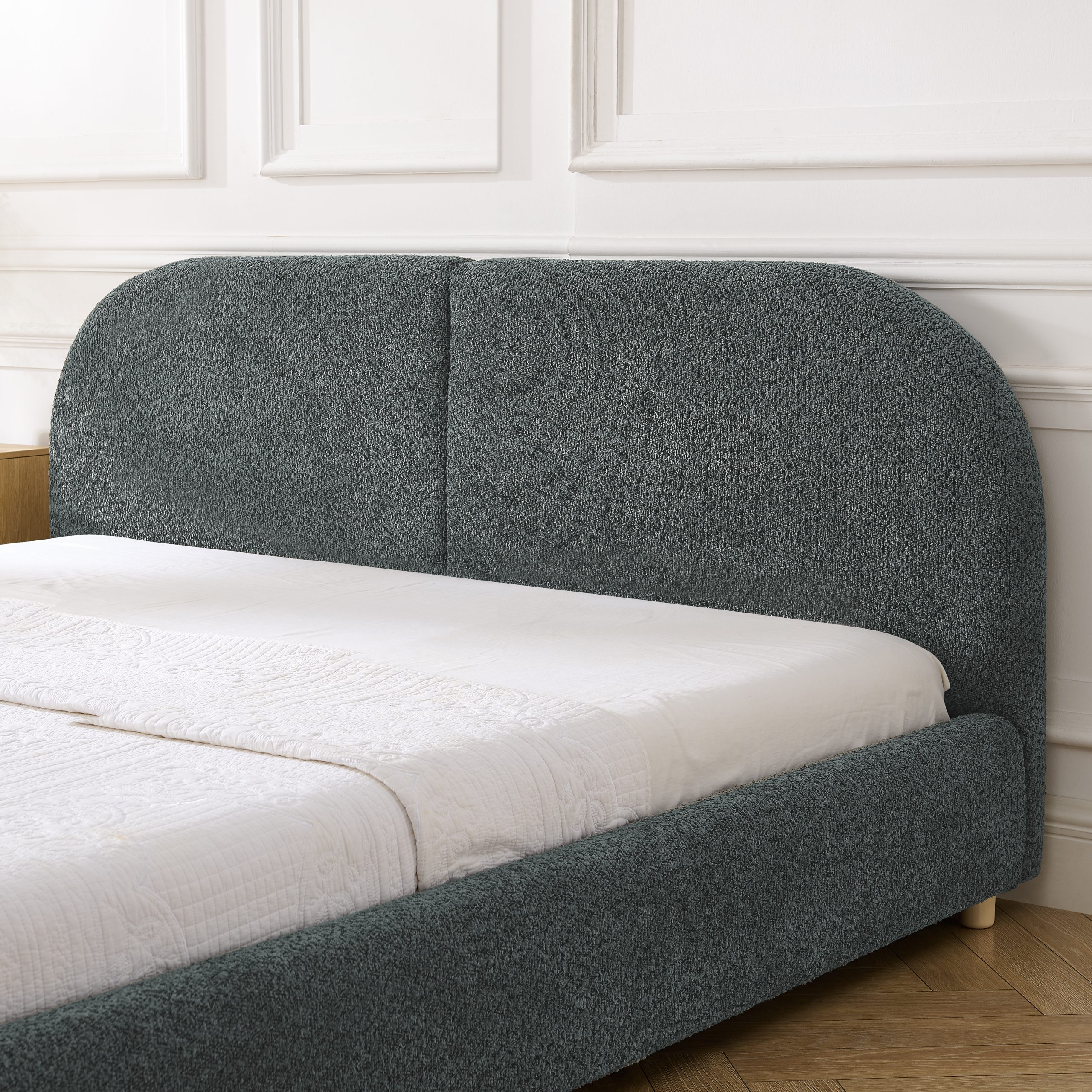 Queen Size Upholstered Bed Frame, Modern Minimalist Style with Tall Curved Headboard, Premium Circle Yarn Fabric & Sturdy Leg Support, Mattress Not Included-Dark Gray - Image 4
