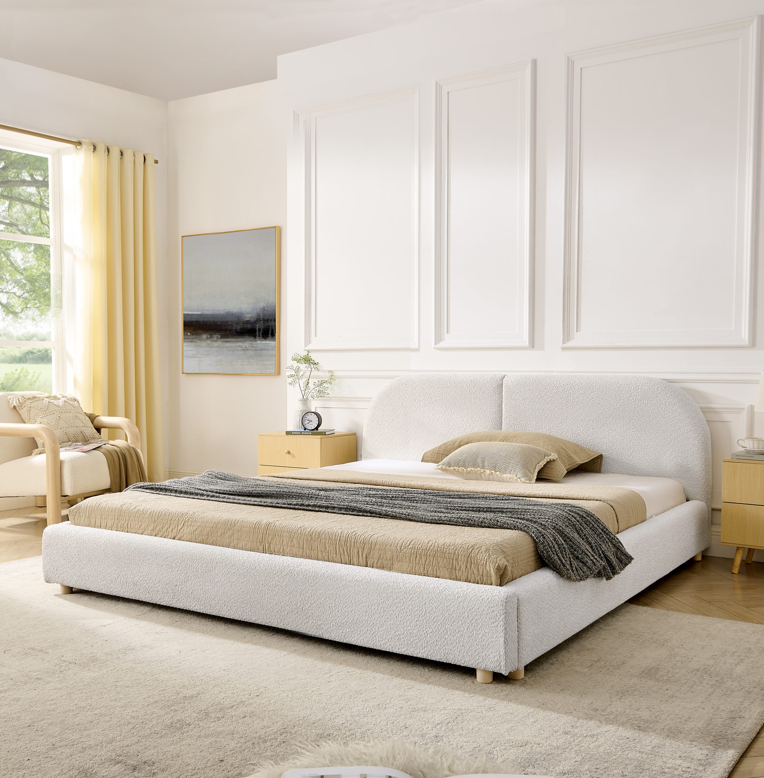 Queen Size Upholstered Bed Frame, Modern Minimalist Style with Tall Curved Headboard, Premium Circle Yarn Fabric & Sturdy Leg Support, Mattress Not Included-Beige - Image 1
