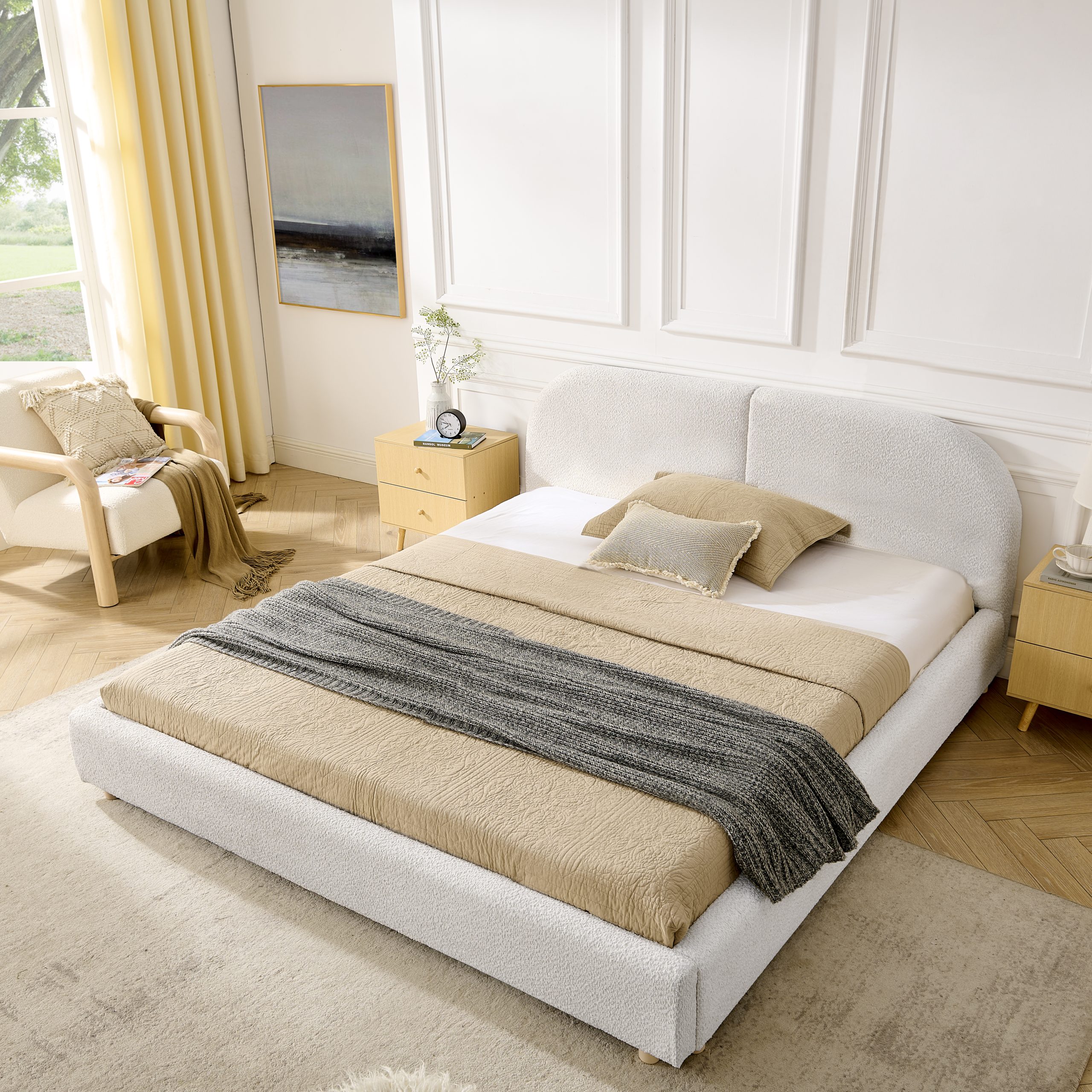 Queen Size Upholstered Bed Frame, Modern Minimalist Style with Tall Curved Headboard, Premium Circle Yarn Fabric & Sturdy Leg Support, Mattress Not Included-Beige - Image 2