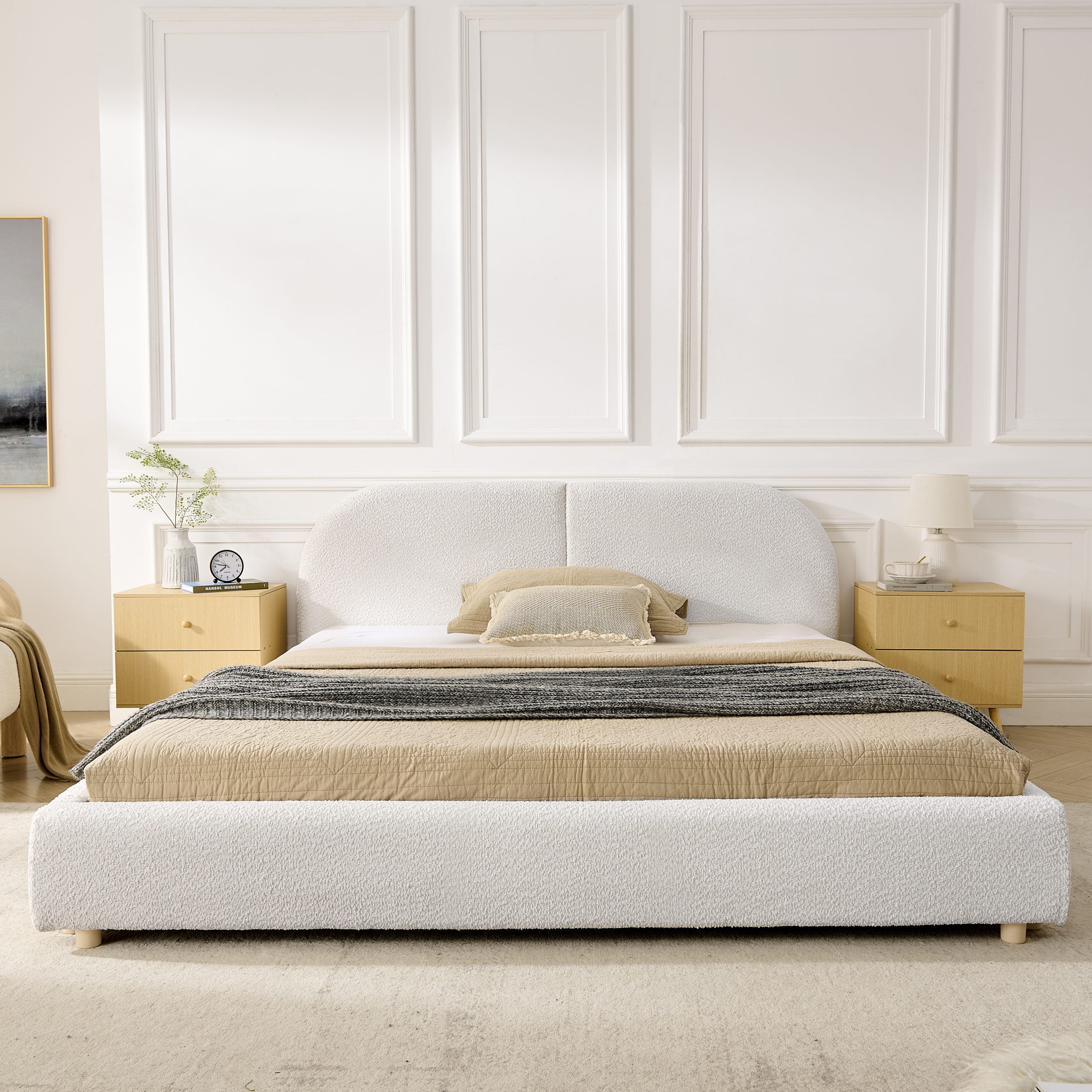 Queen Size Upholstered Bed Frame, Modern Minimalist Style with Tall Curved Headboard, Premium Circle Yarn Fabric & Sturdy Leg Support, Mattress Not Included-Beige - Image 3
