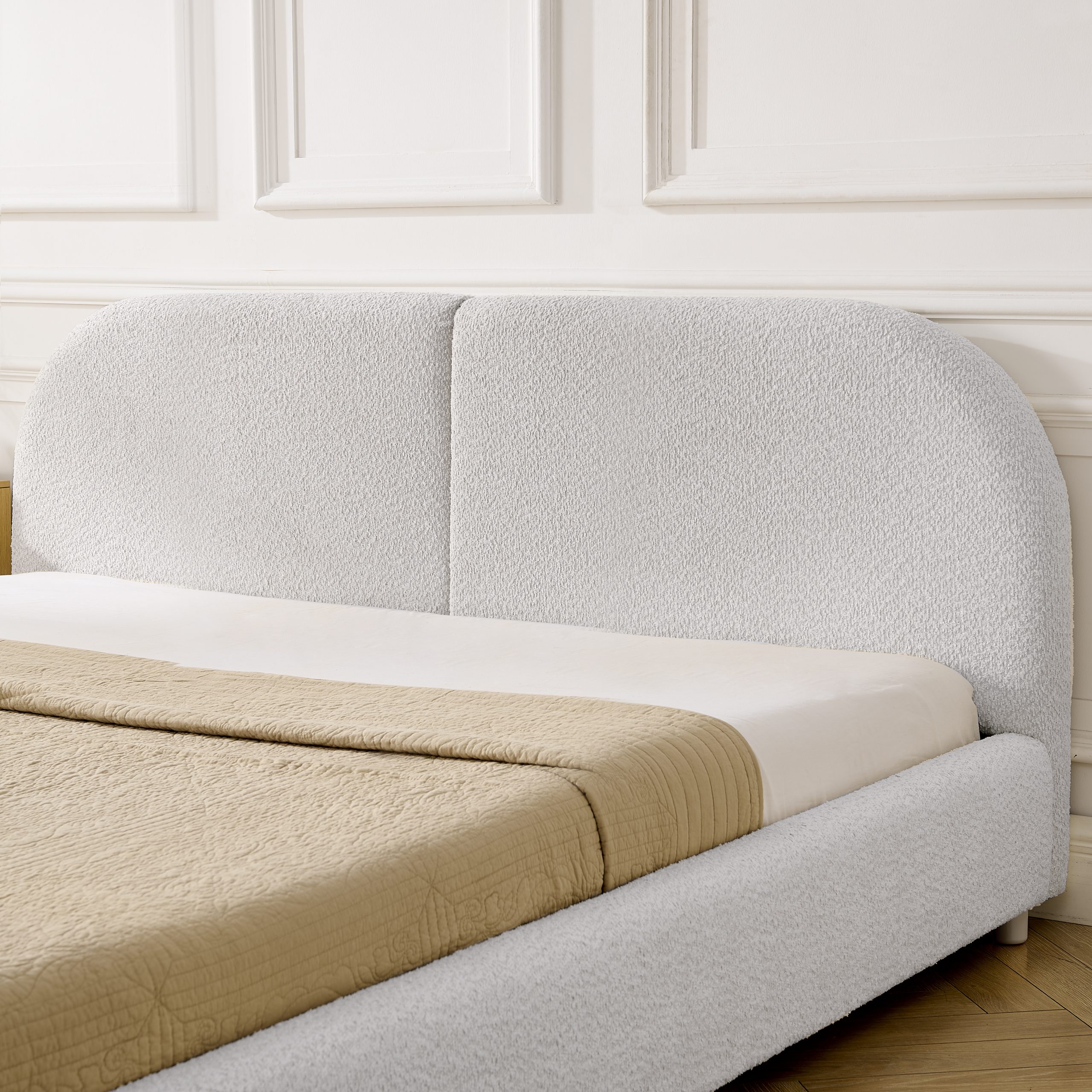 Queen Size Upholstered Bed Frame, Modern Minimalist Style with Tall Curved Headboard, Premium Circle Yarn Fabric & Sturdy Leg Support, Mattress Not Included-Beige - Image 4