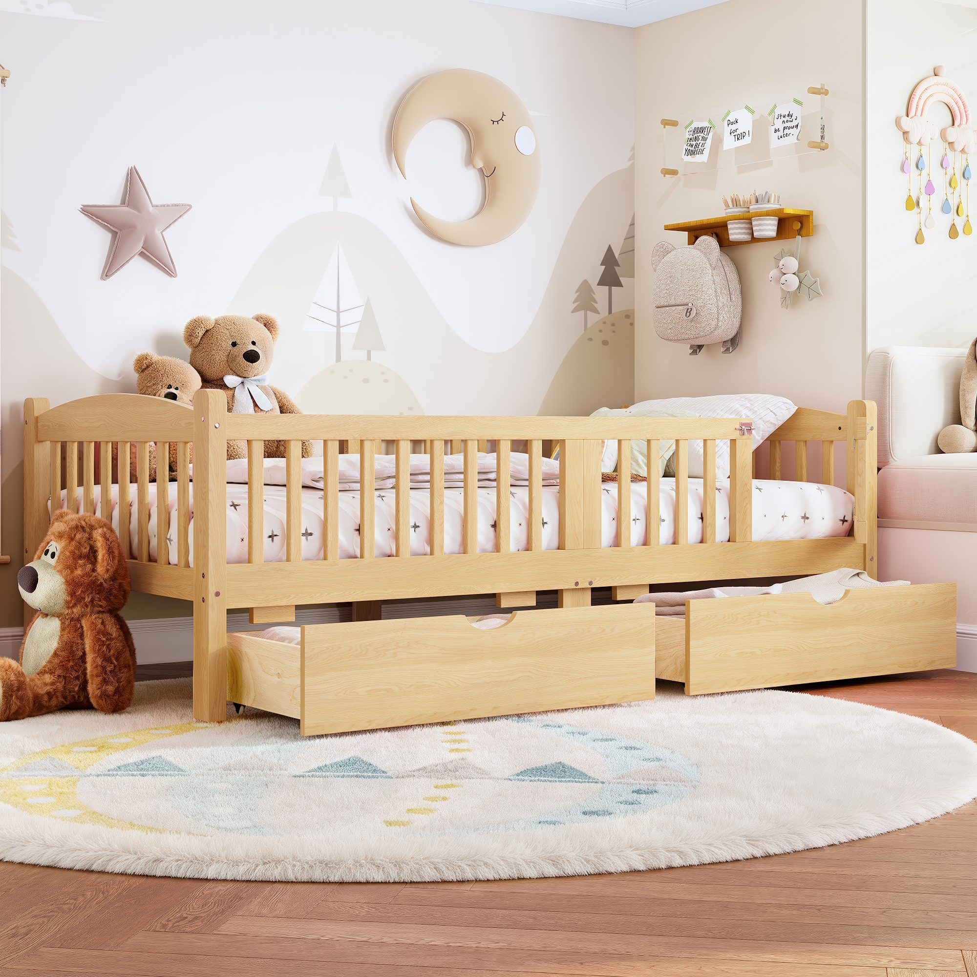 Twin Platform Bed with Full-length Guardrails, Kids Platform Bed with Storage Drawers, Childlike and Cute Headboard Design, Natural - Image 1