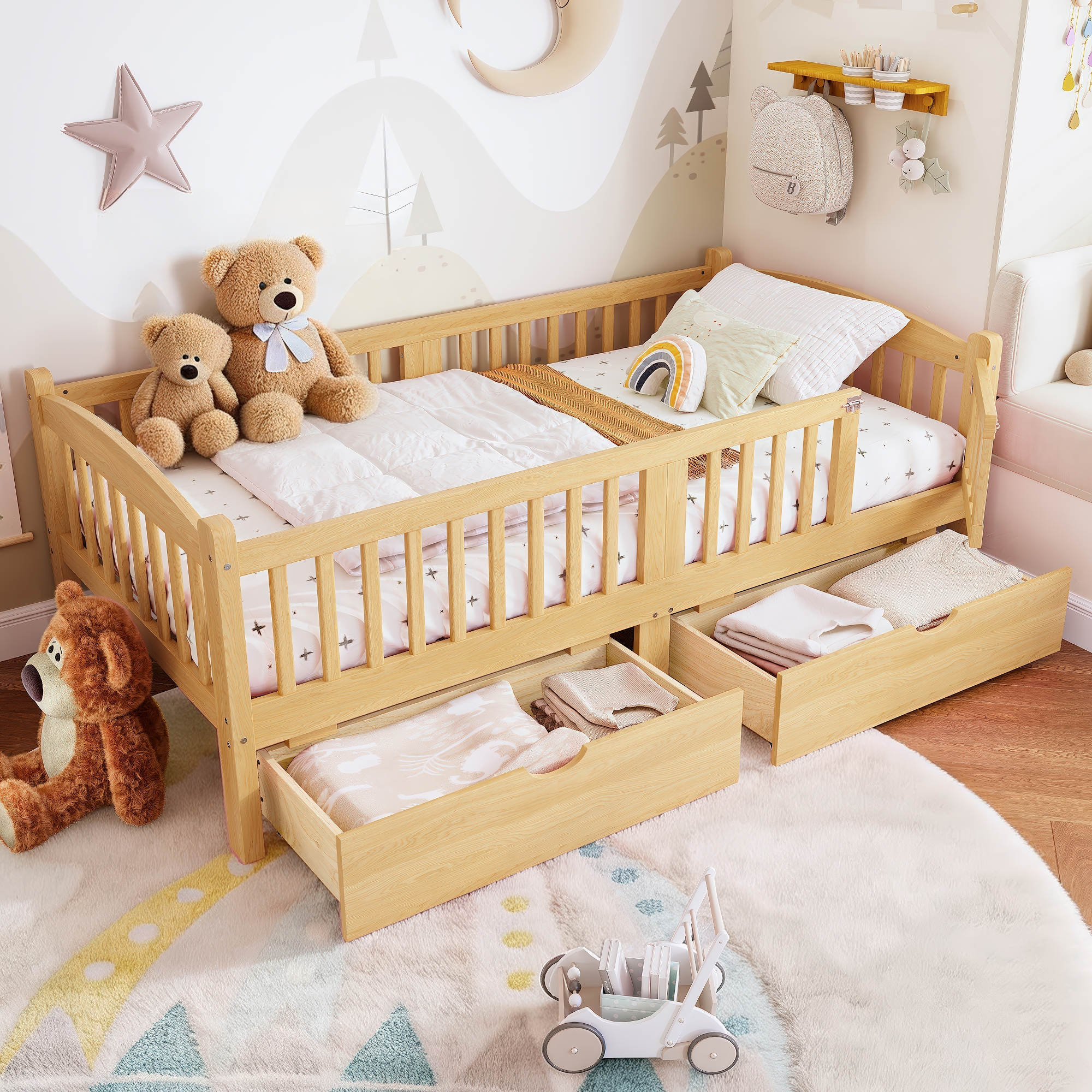 Twin Platform Bed with Full-length Guardrails, Kids Platform Bed with Storage Drawers, Childlike and Cute Headboard Design, Natural - Image 2