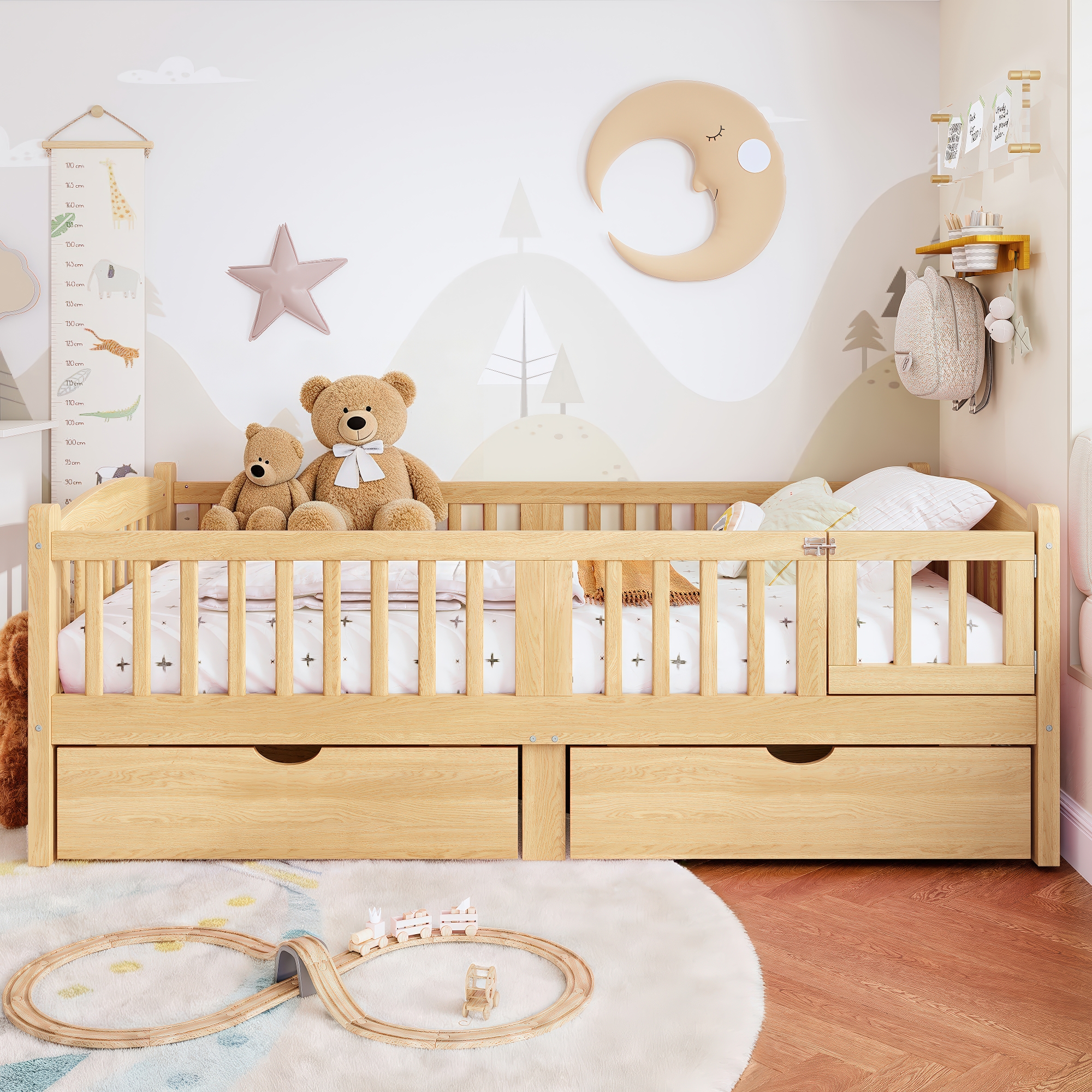 Twin Platform Bed with Full-length Guardrails, Kids Platform Bed with Storage Drawers, Childlike and Cute Headboard Design, Natural - Image 3